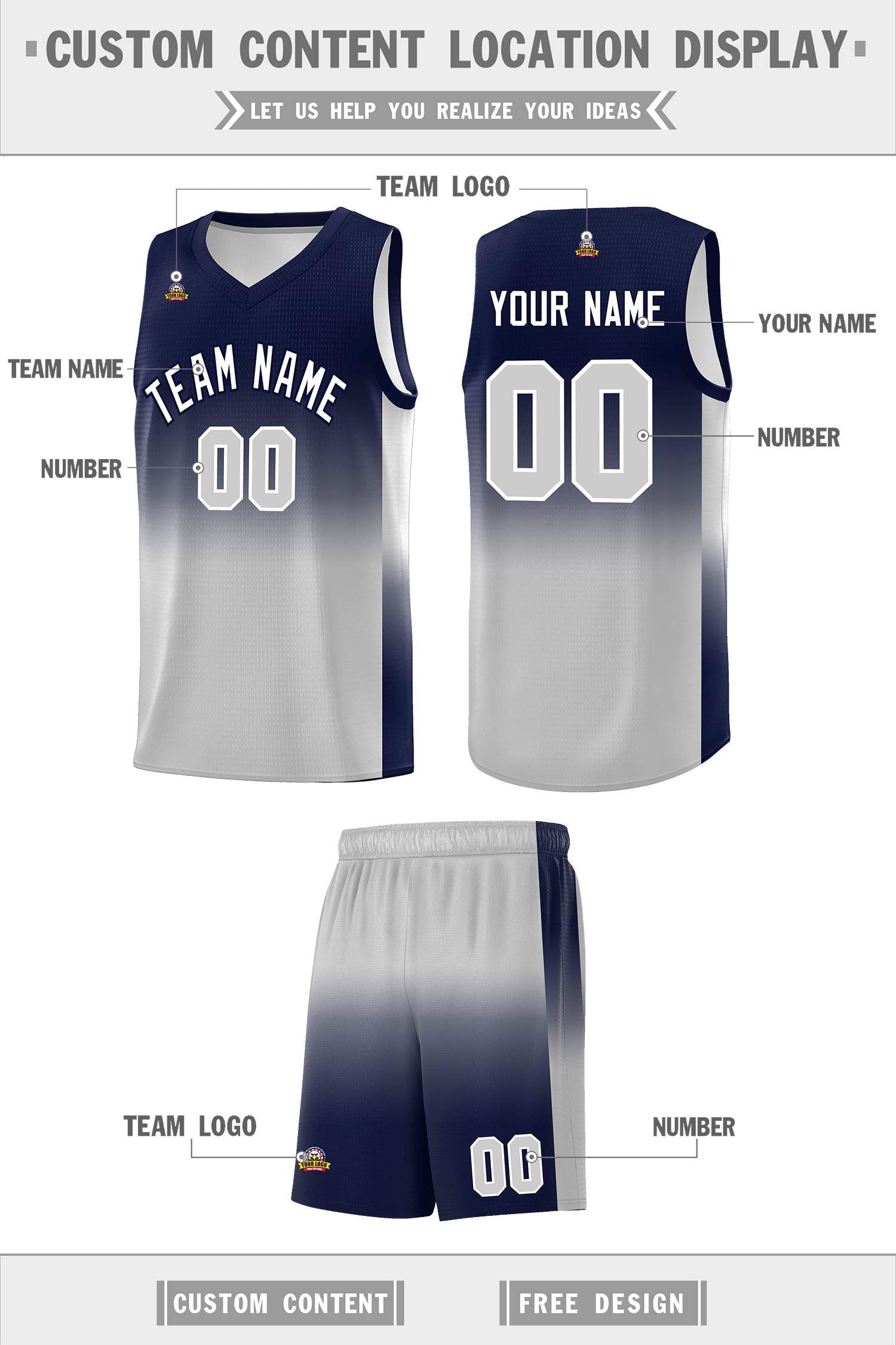 Custom Navy Gray Gradient Fashion Sets Sports Uniform Basketball Jersey