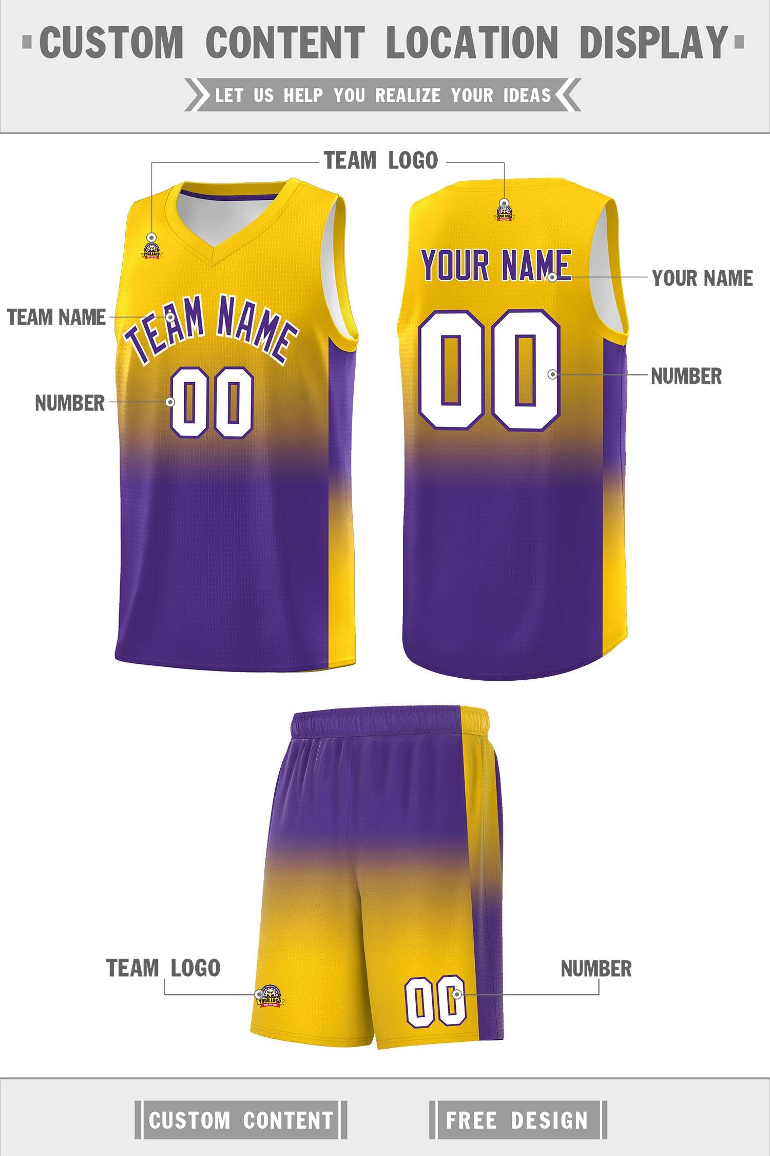 Custom Gold Purple Gradient Fashion Sets Sports Uniform Basketball Jersey