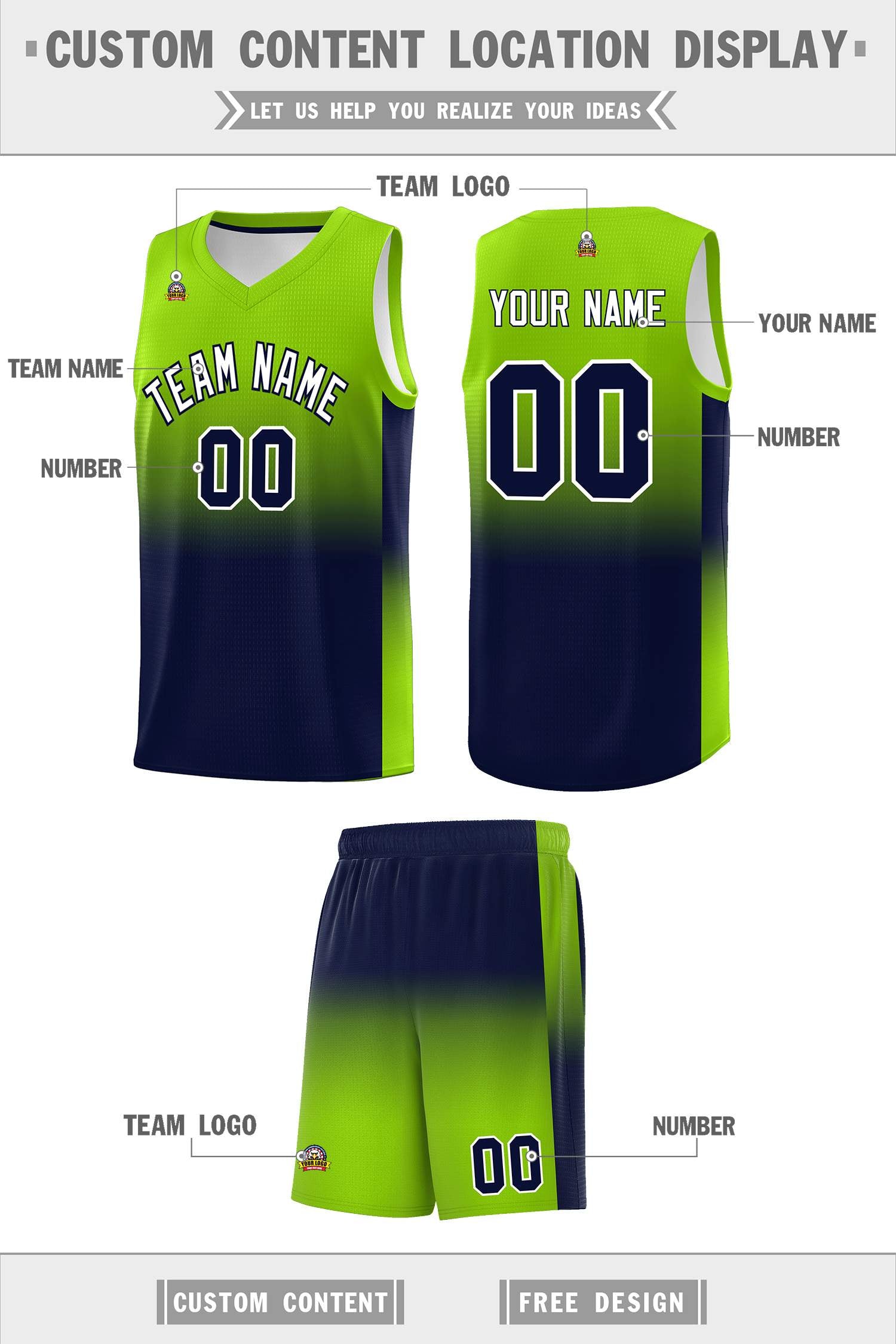 Custom Neon Green Navy Gradient Fashion Sets Sports Uniform Basketball Jersey