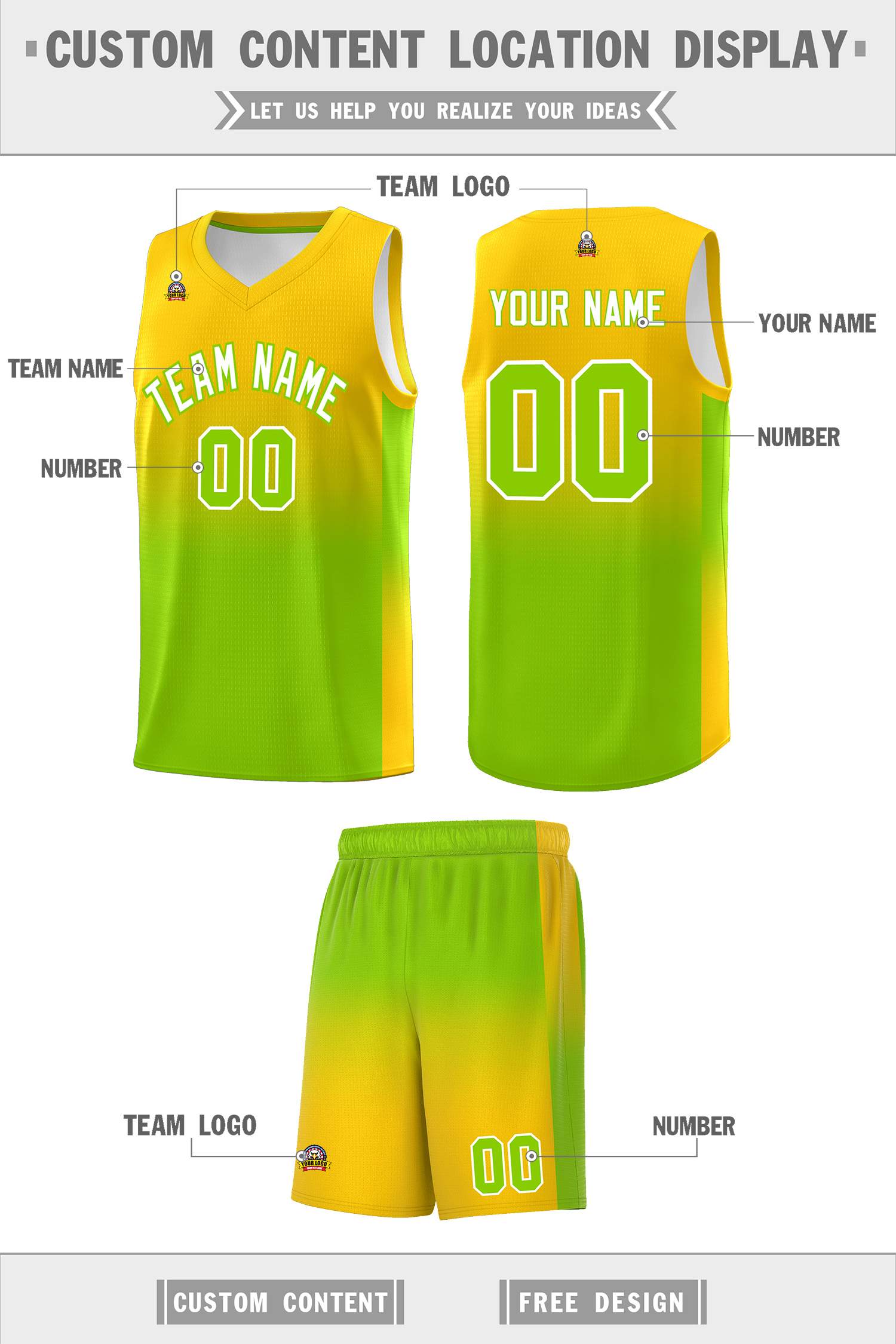 Custom Gold Neon Green Gradient Fashion Sets Sports Uniform Basketball Jersey