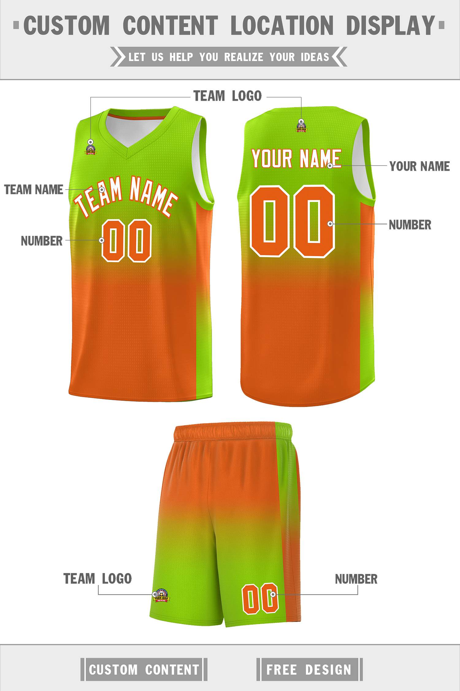 Custom Neon Green Orange Gradient Fashion Sets Sports Uniform Basketball Jersey