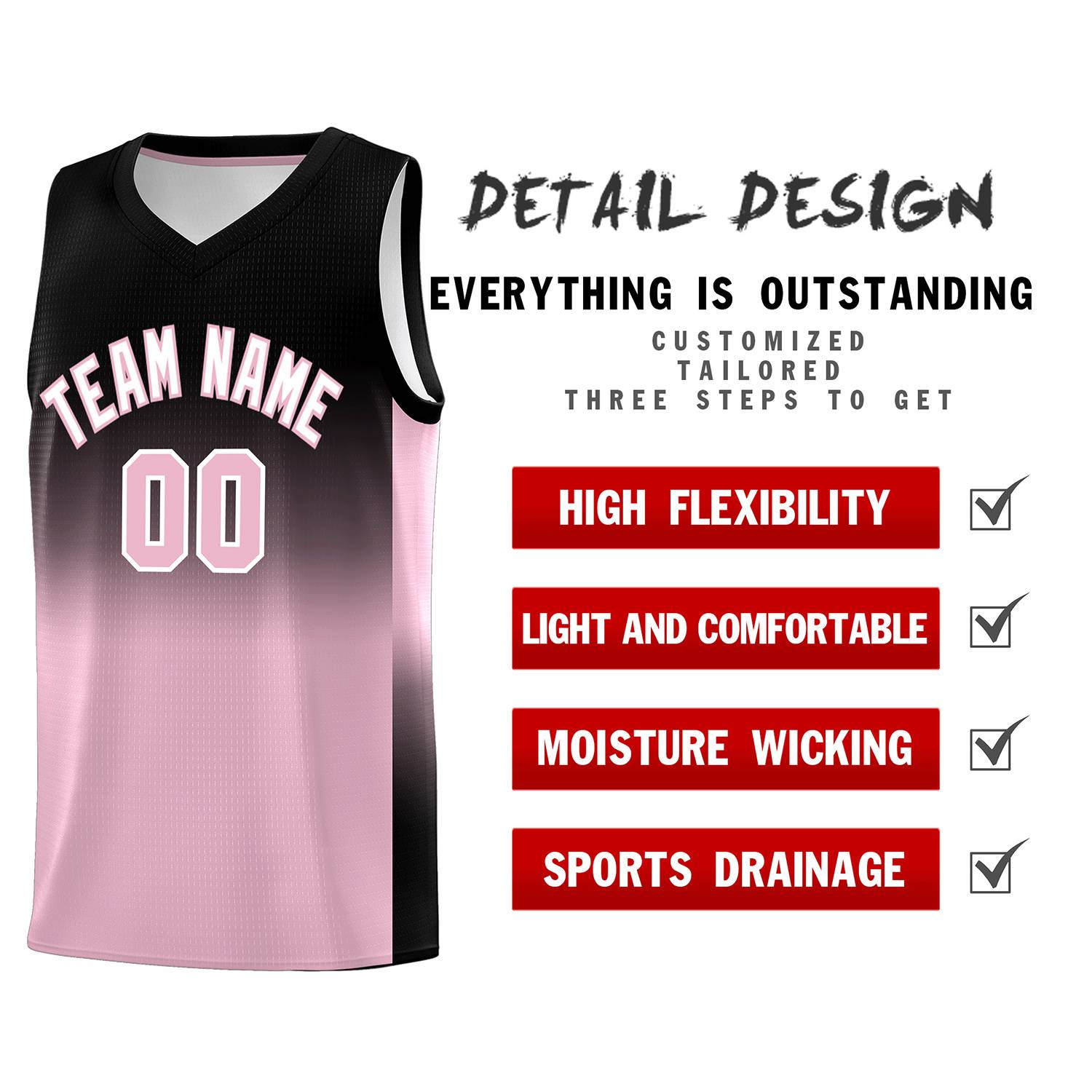 Custom Black Light Pink Gradient Fashion Sets Sports Uniform Basketball Jersey