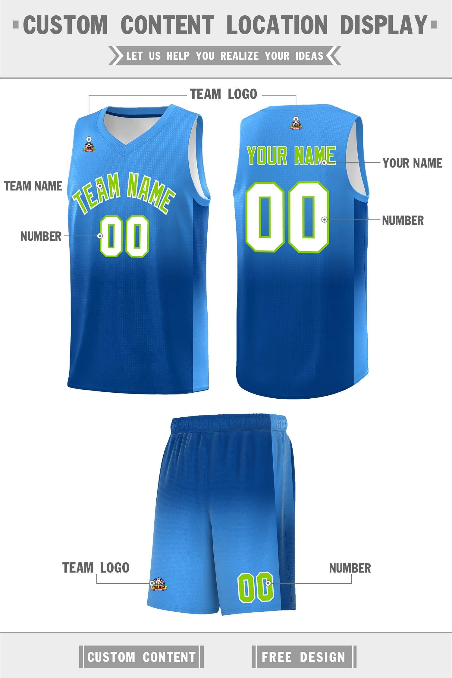 Custom Powder Blue Royal Gradient Fashion Sets Sports Uniform Basketball Jersey