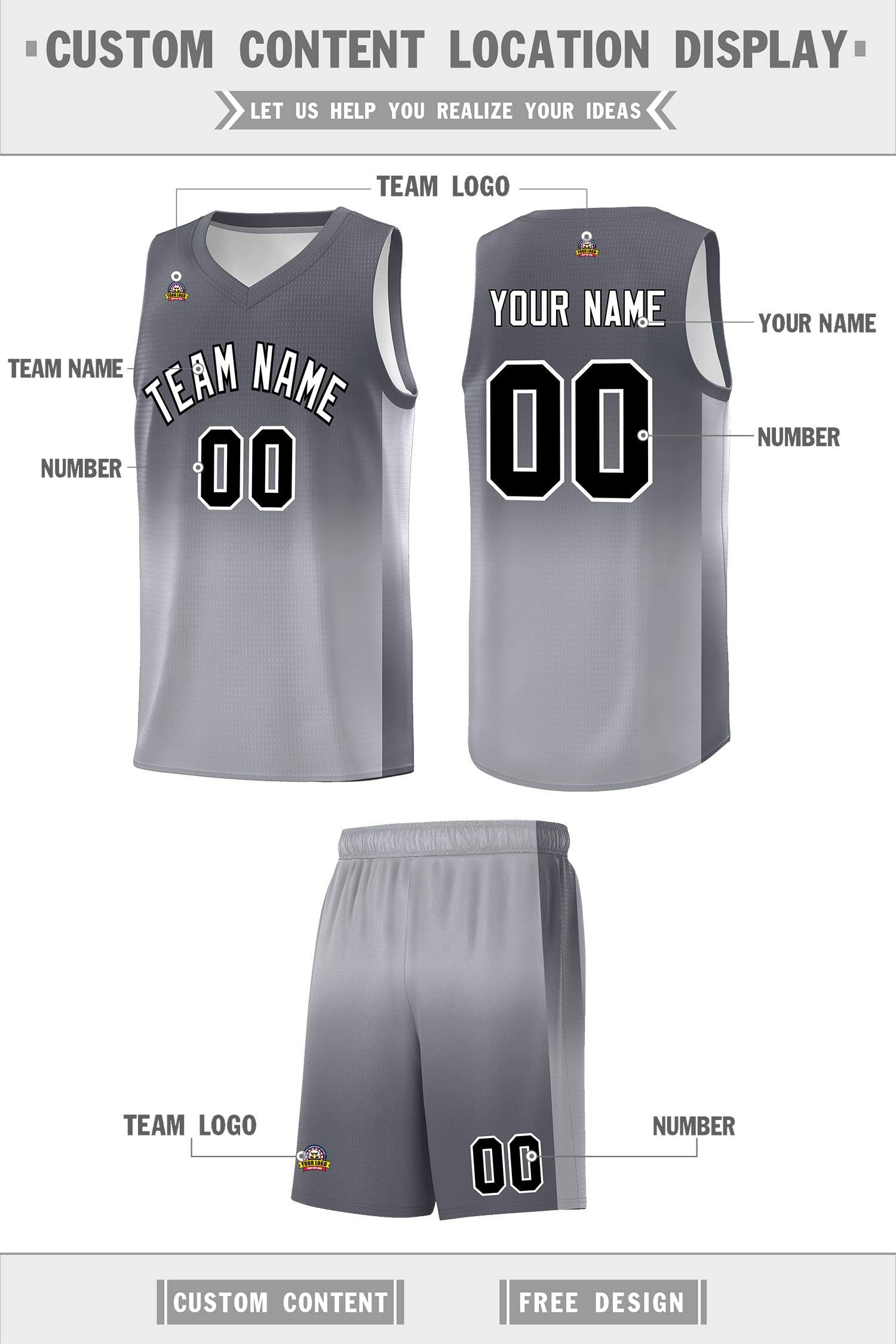 Custom Dark Gray Gray Gradient Fashion Sets Sports Uniform Basketball Jersey