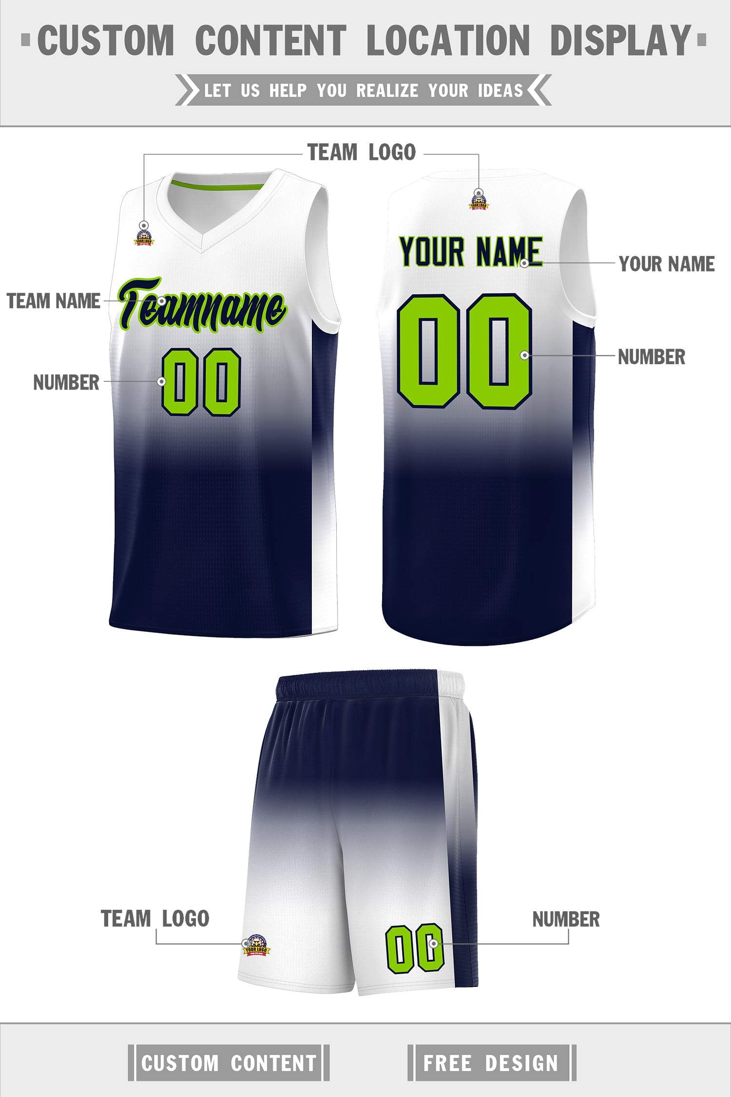 Custom White Navy Gradient Fashion Sets Sports Uniform Basketball Jersey