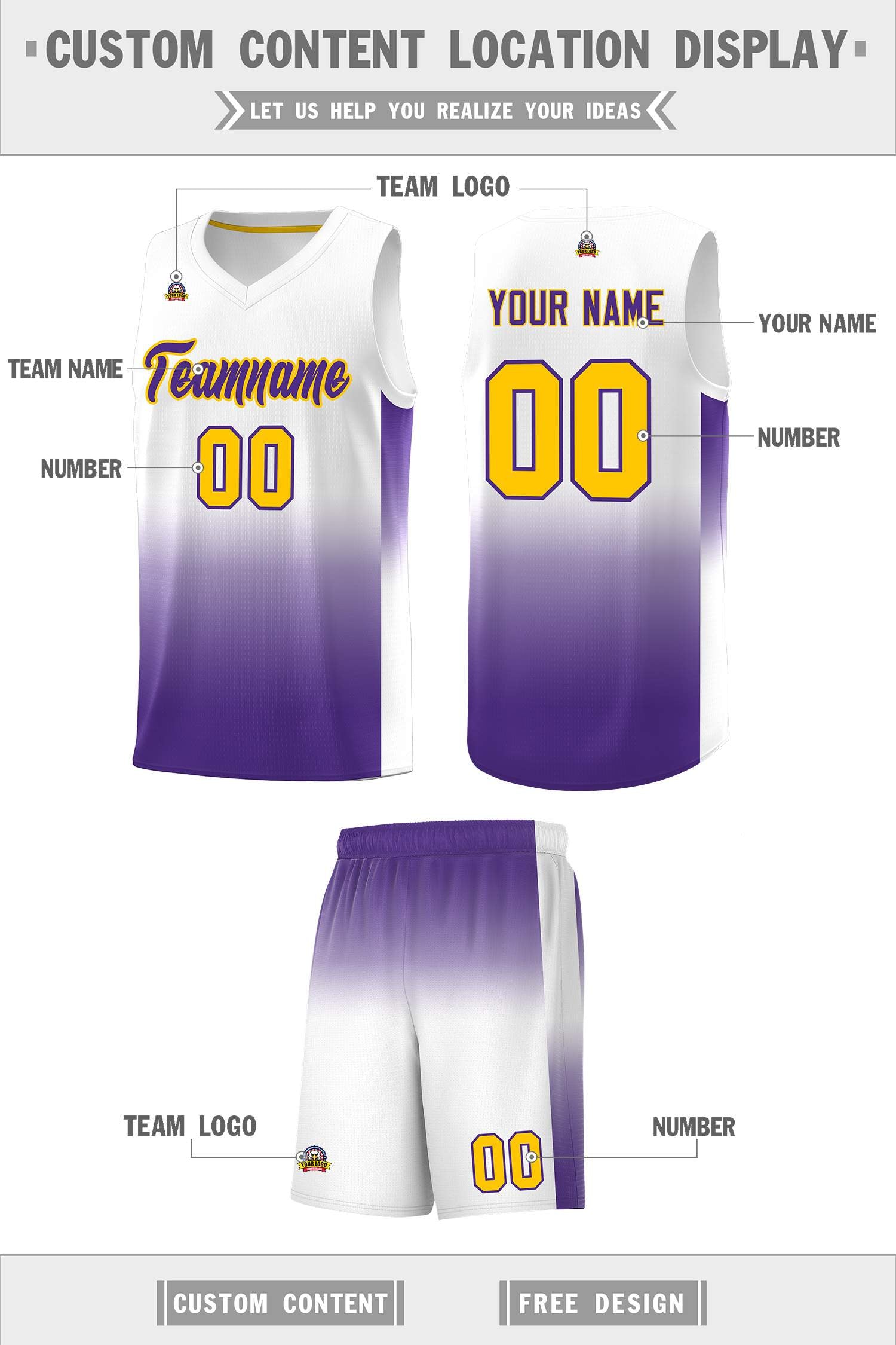 Custom White Purple Gradient Fashion Sets Sports Uniform Basketball Jersey