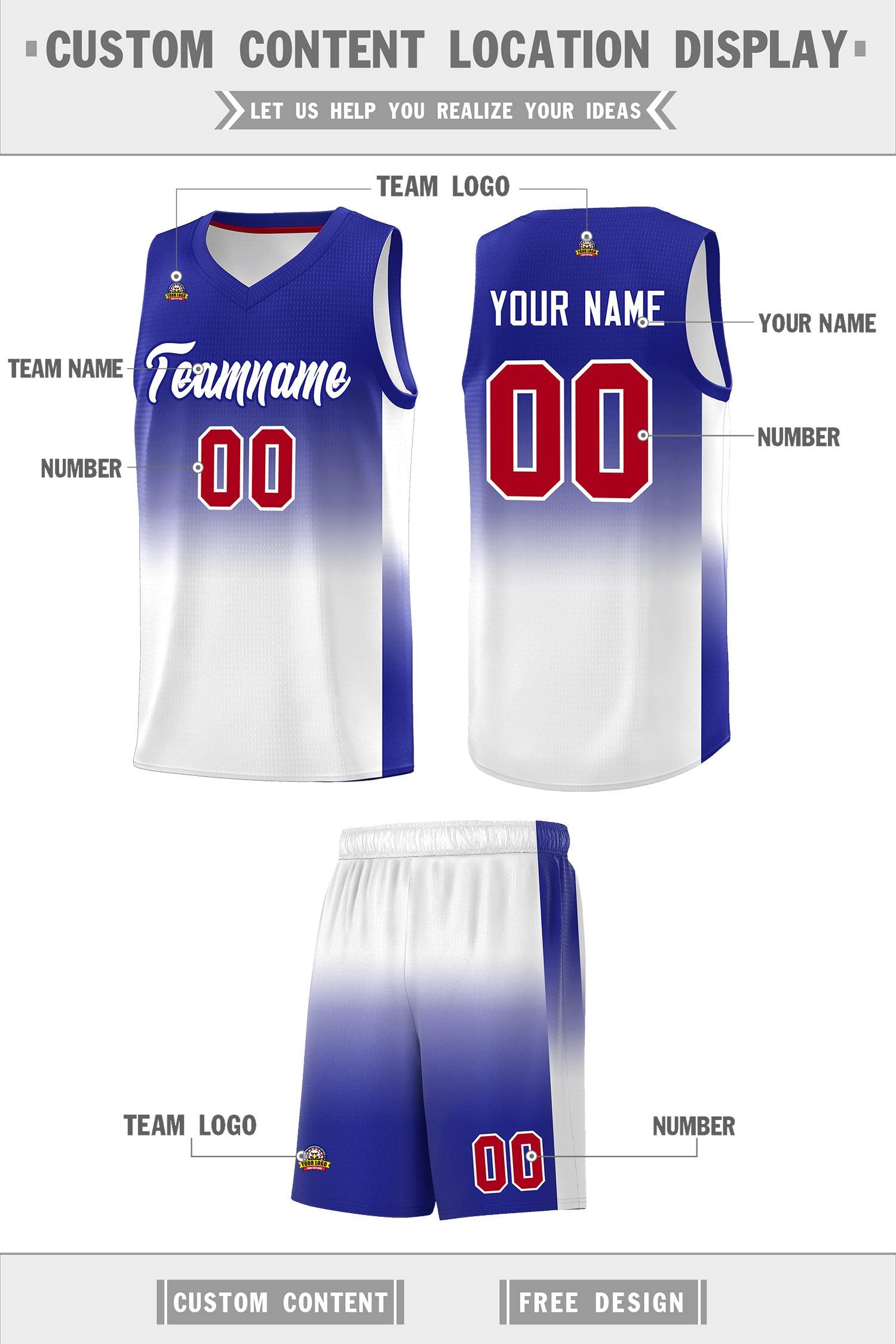 Custom Royal White Gradient Fashion Sets Sports Uniform Basketball Jersey