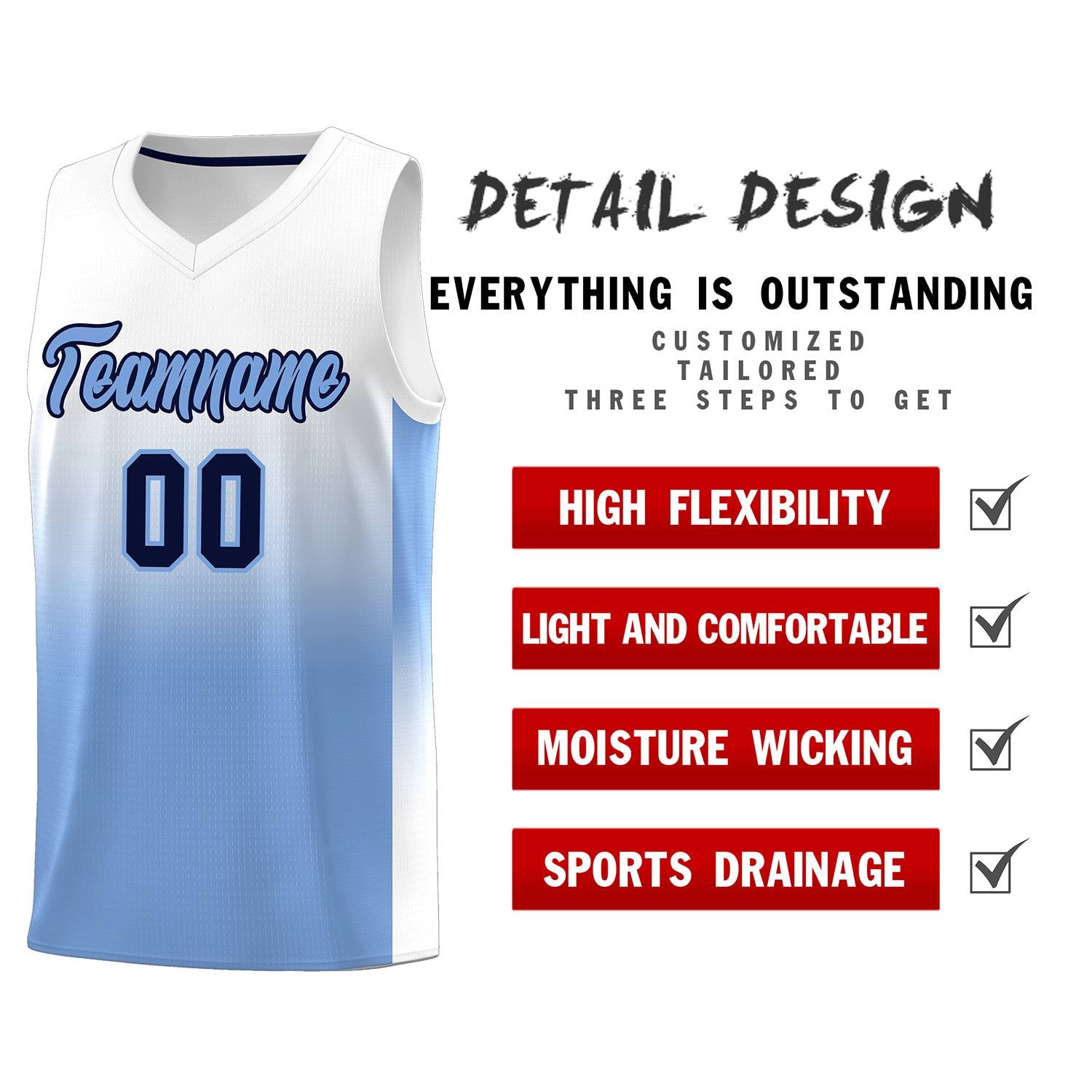 Custom White Light Blue Gradient Fashion Sets Sports Uniform Basketball Jersey