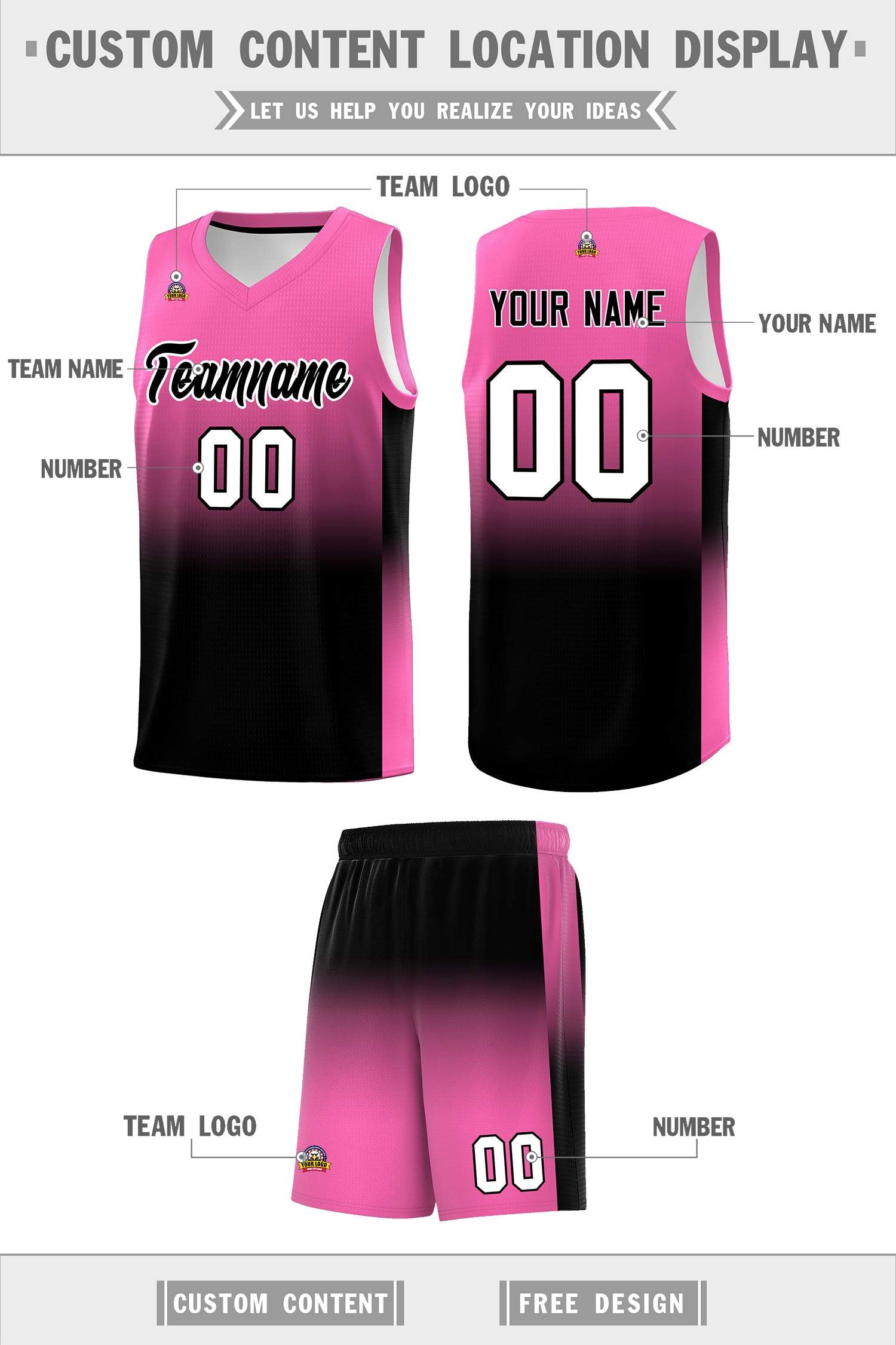 Custom Pink Black Gradient Fashion Sets Sports Uniform Basketball Jersey