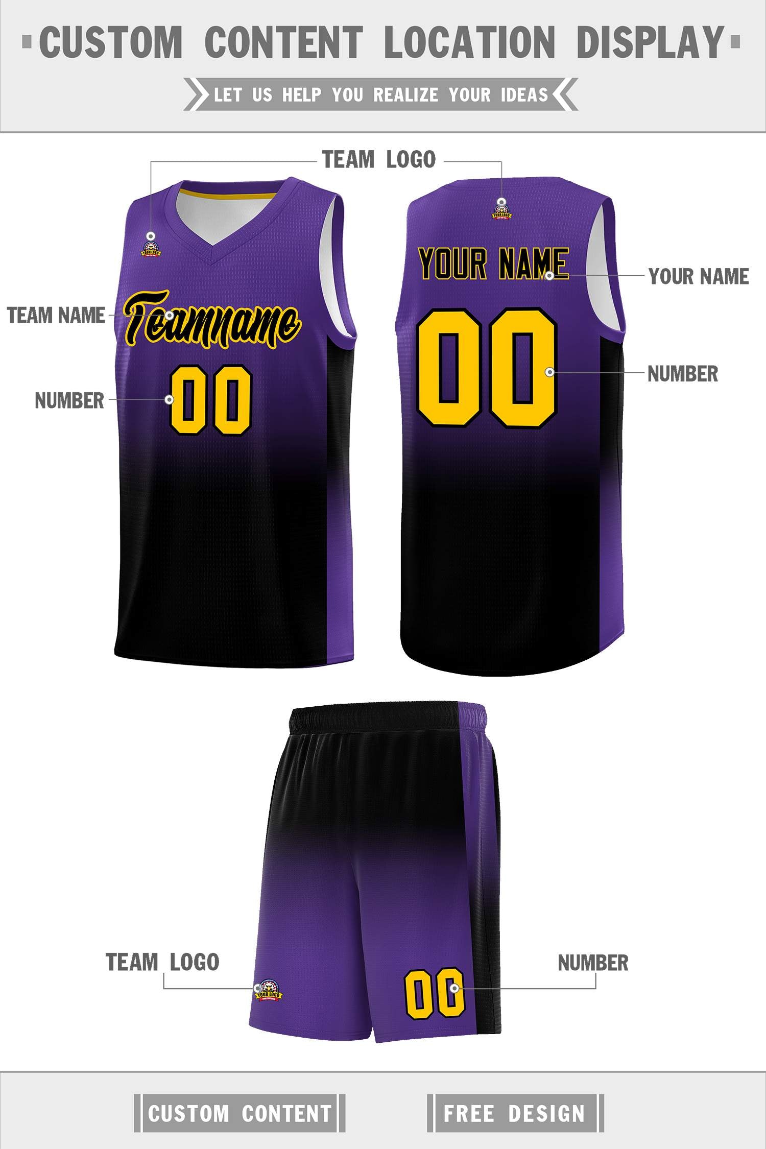 Custom Purple Black Gradient Fashion Sets Sports Uniform Basketball Jersey