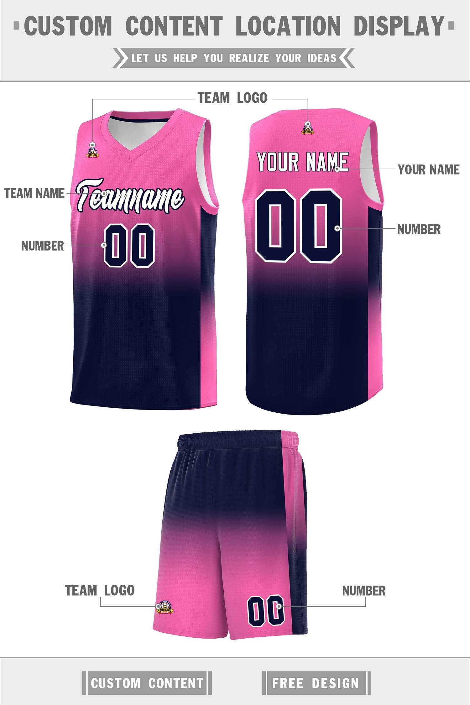 Custom Pink Navy Gradient Fashion Sets Sports Uniform Basketball Jersey