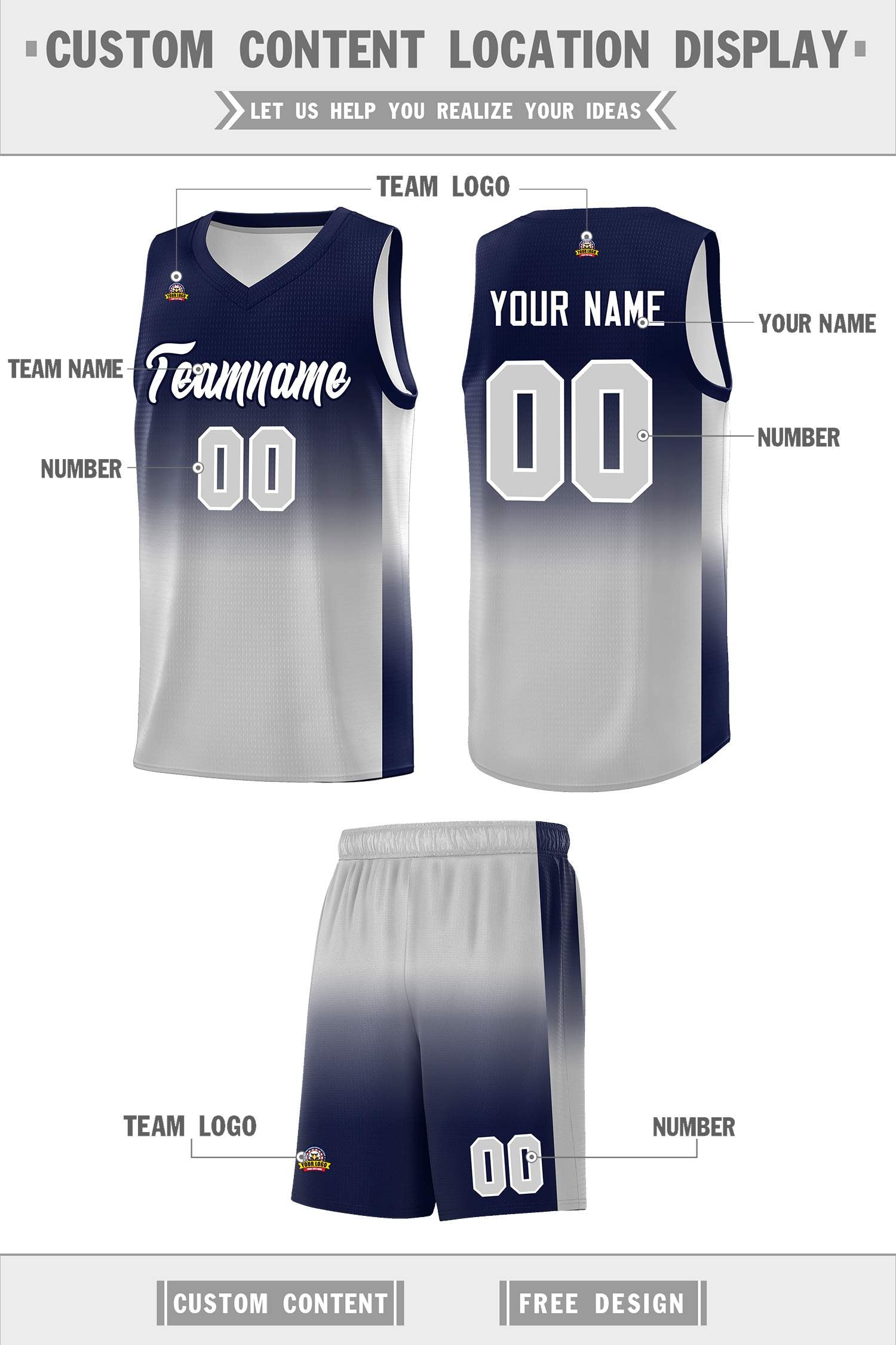 Custom Navy Gray Gradient Fashion Sets Sports Uniform Basketball Jersey