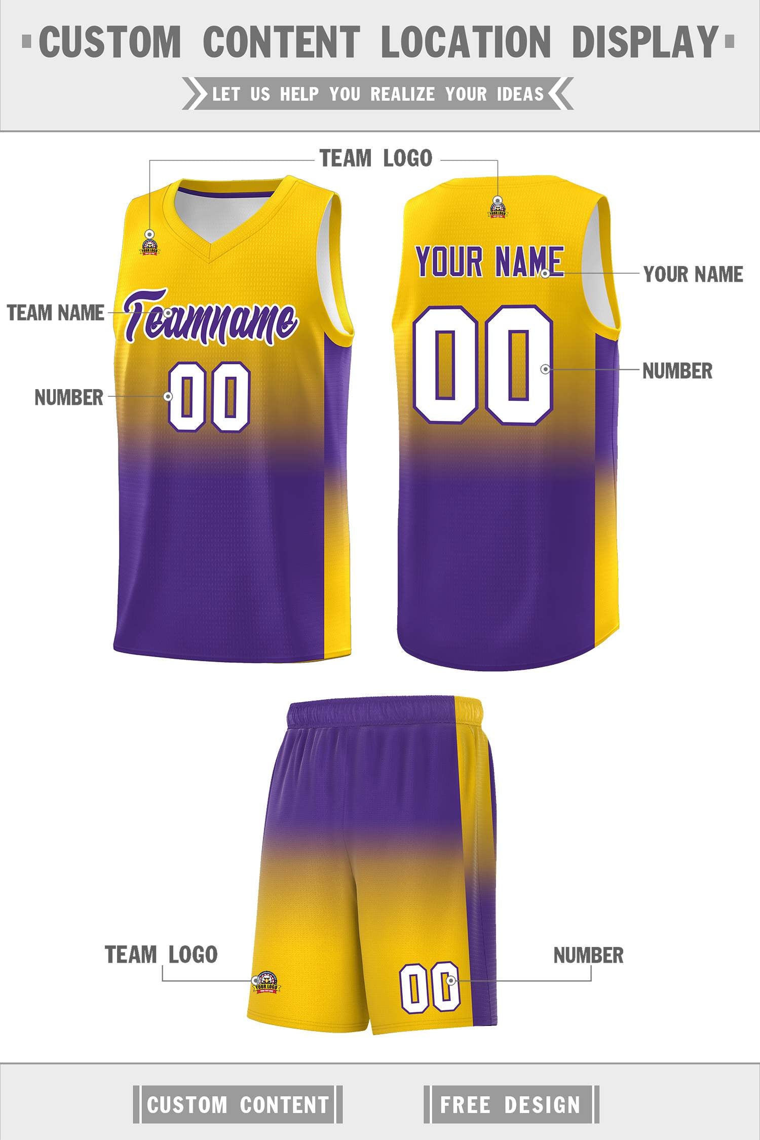 Custom Gold Purple Gradient Fashion Sets Sports Uniform Basketball Jersey