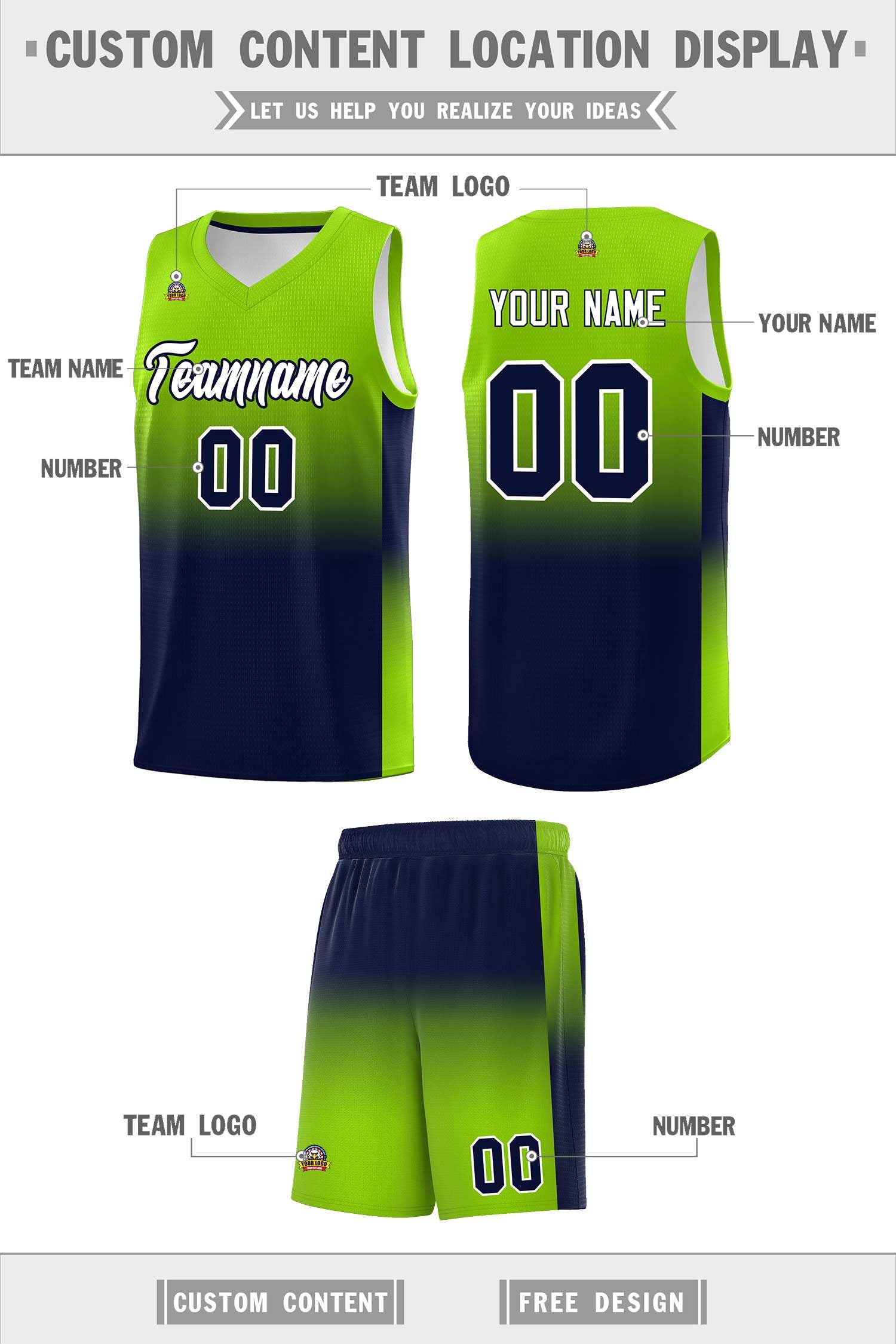 Custom Neon Green Navy Gradient Fashion Sets Sports Uniform Basketball Jersey