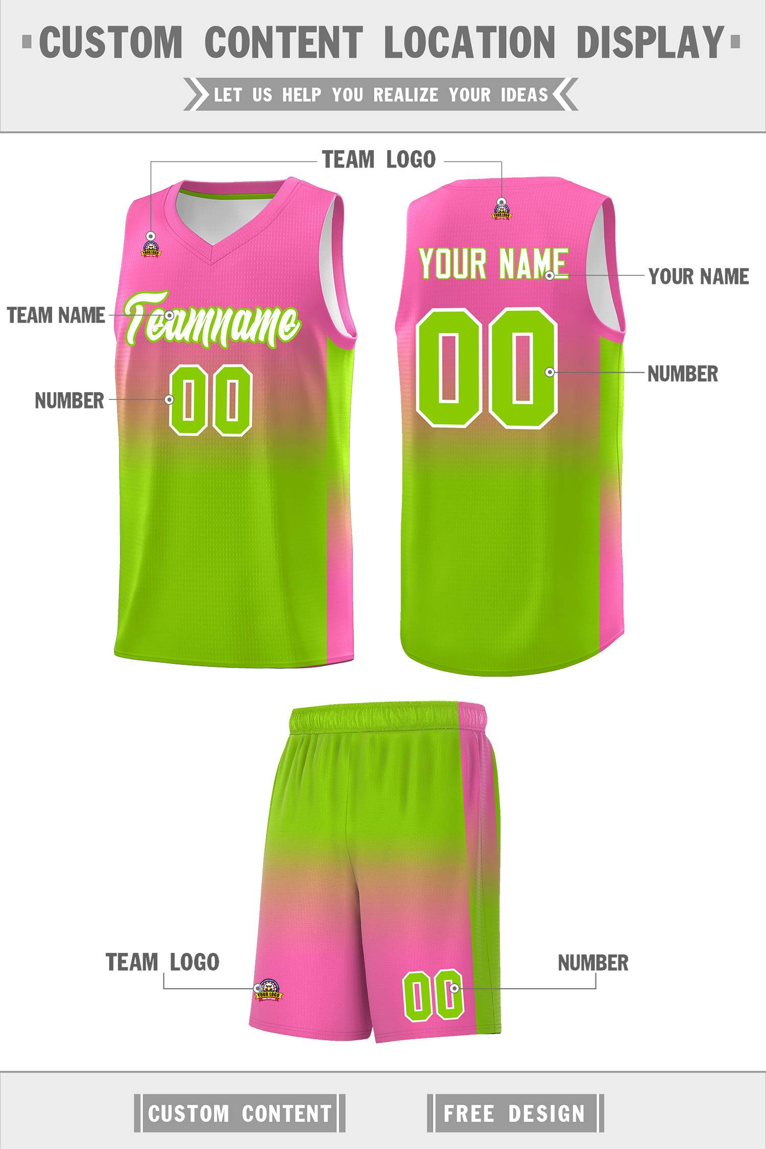 Custom Pink Neon Green Gradient Fashion Sets Sports Uniform Basketball Jersey