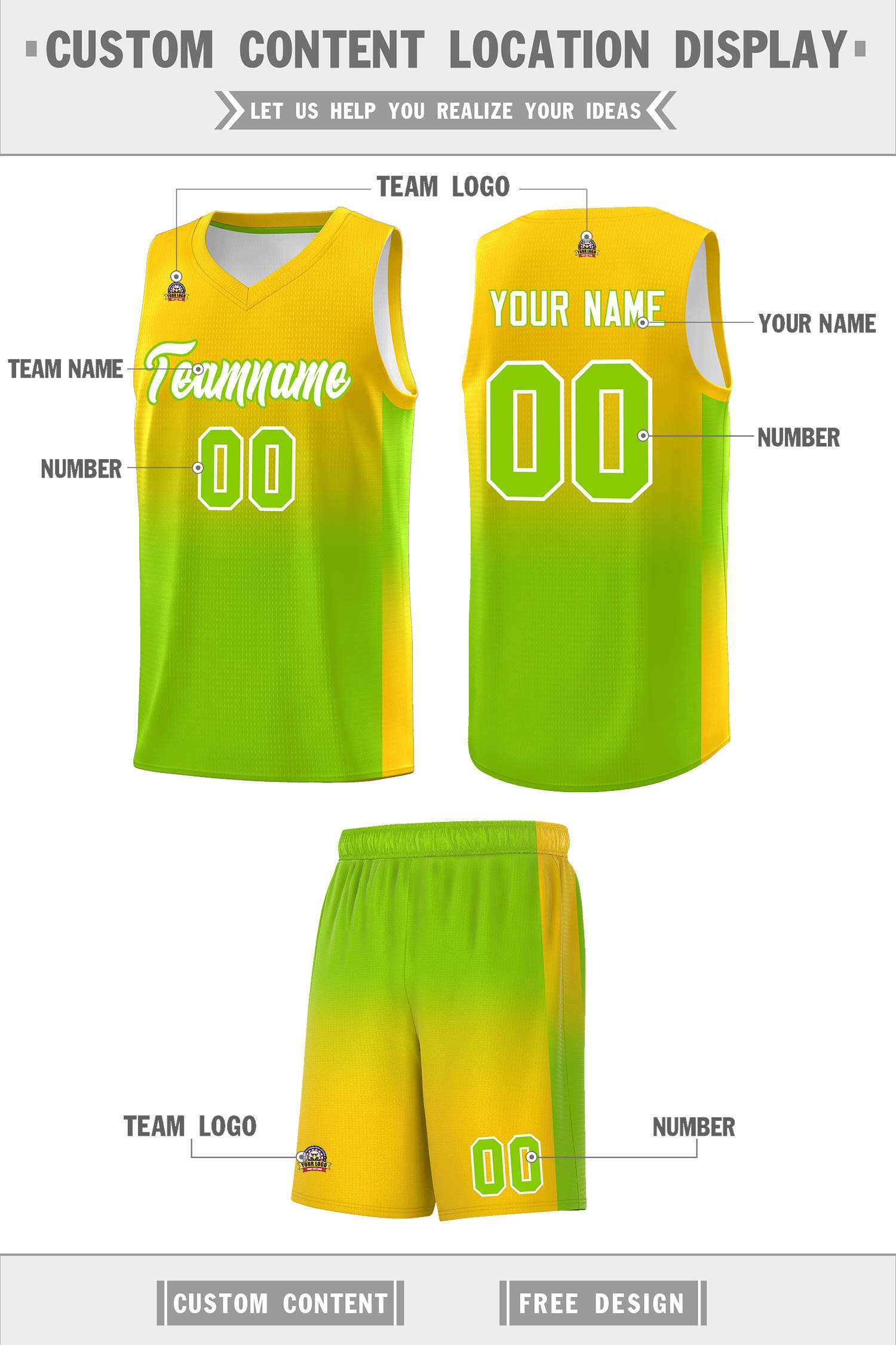 Custom Gold Neon Green Gradient Fashion Sets Sports Uniform Basketball Jersey