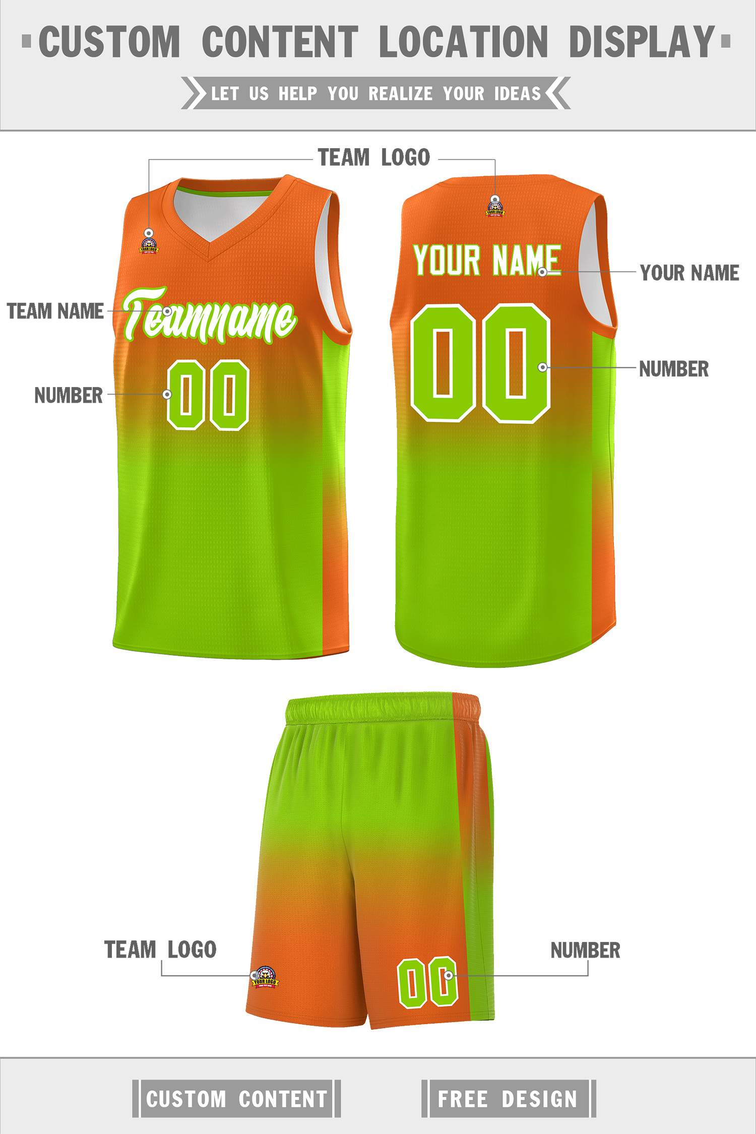 Custom Orange Neon Green Gradient Fashion Sets Sports Uniform Basketball Jersey