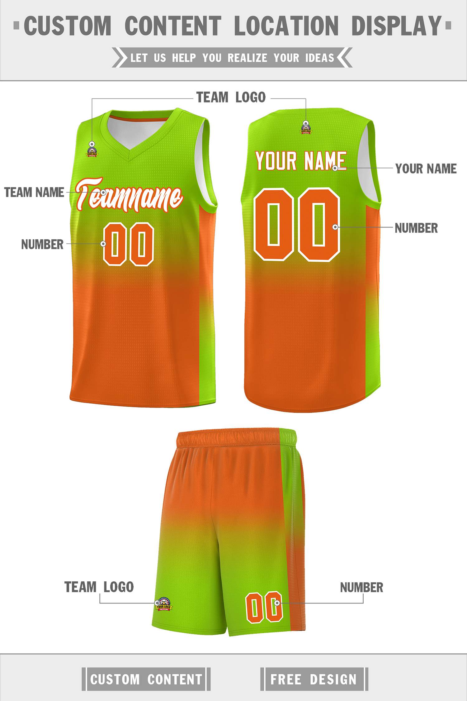 Custom Neon Green Orange Gradient Fashion Sets Sports Uniform Basketball Jersey