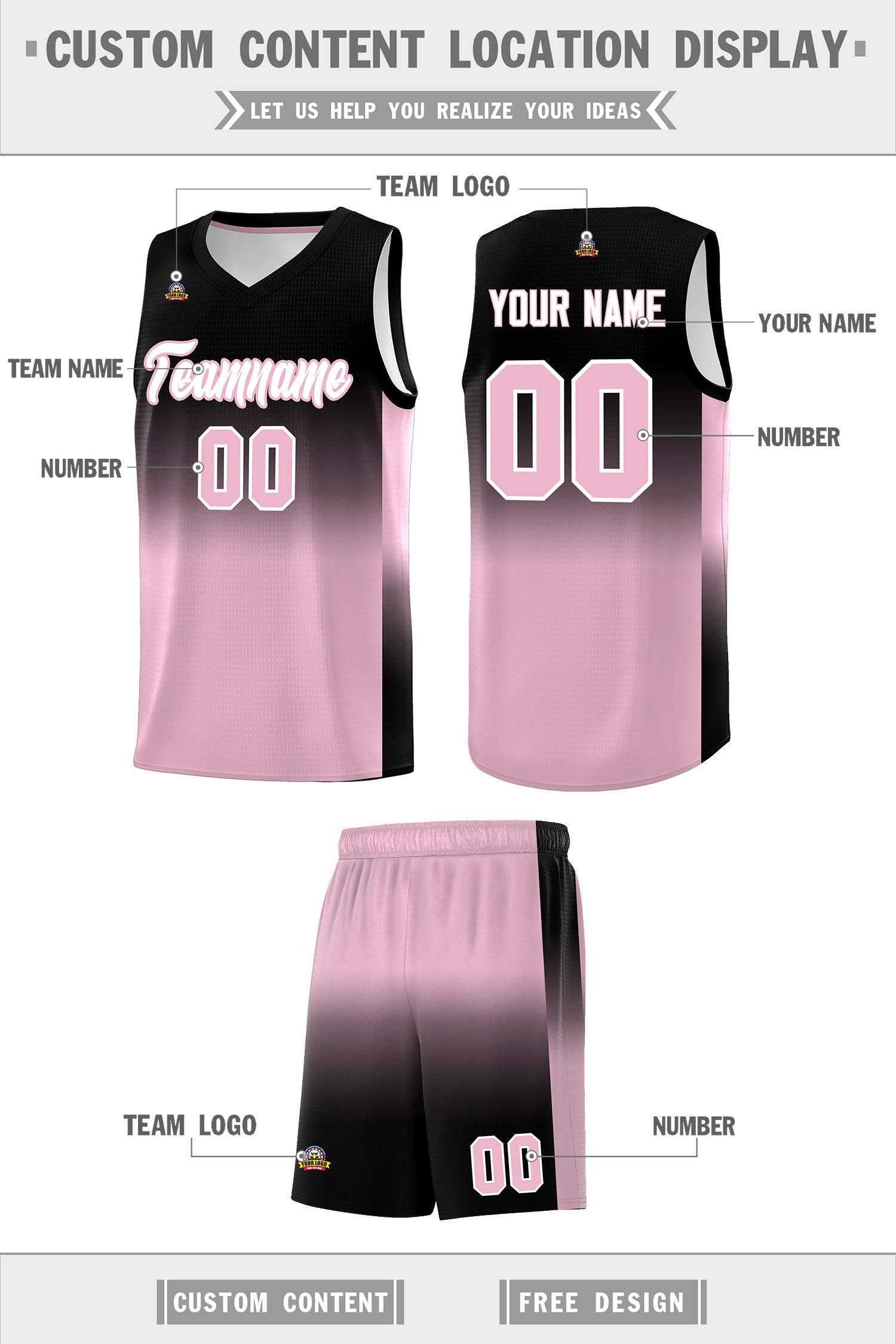 Custom Black Light Pink Gradient Fashion Sets Sports Uniform Basketball Jersey