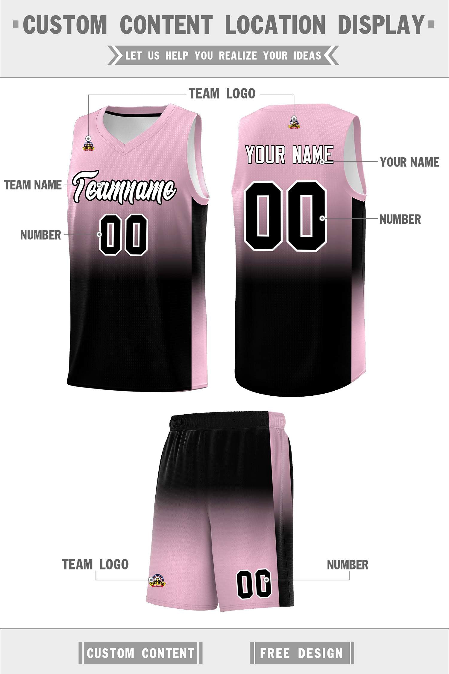 Custom Light Pink Black Gradient Fashion Sets Sports Uniform Basketball Jersey