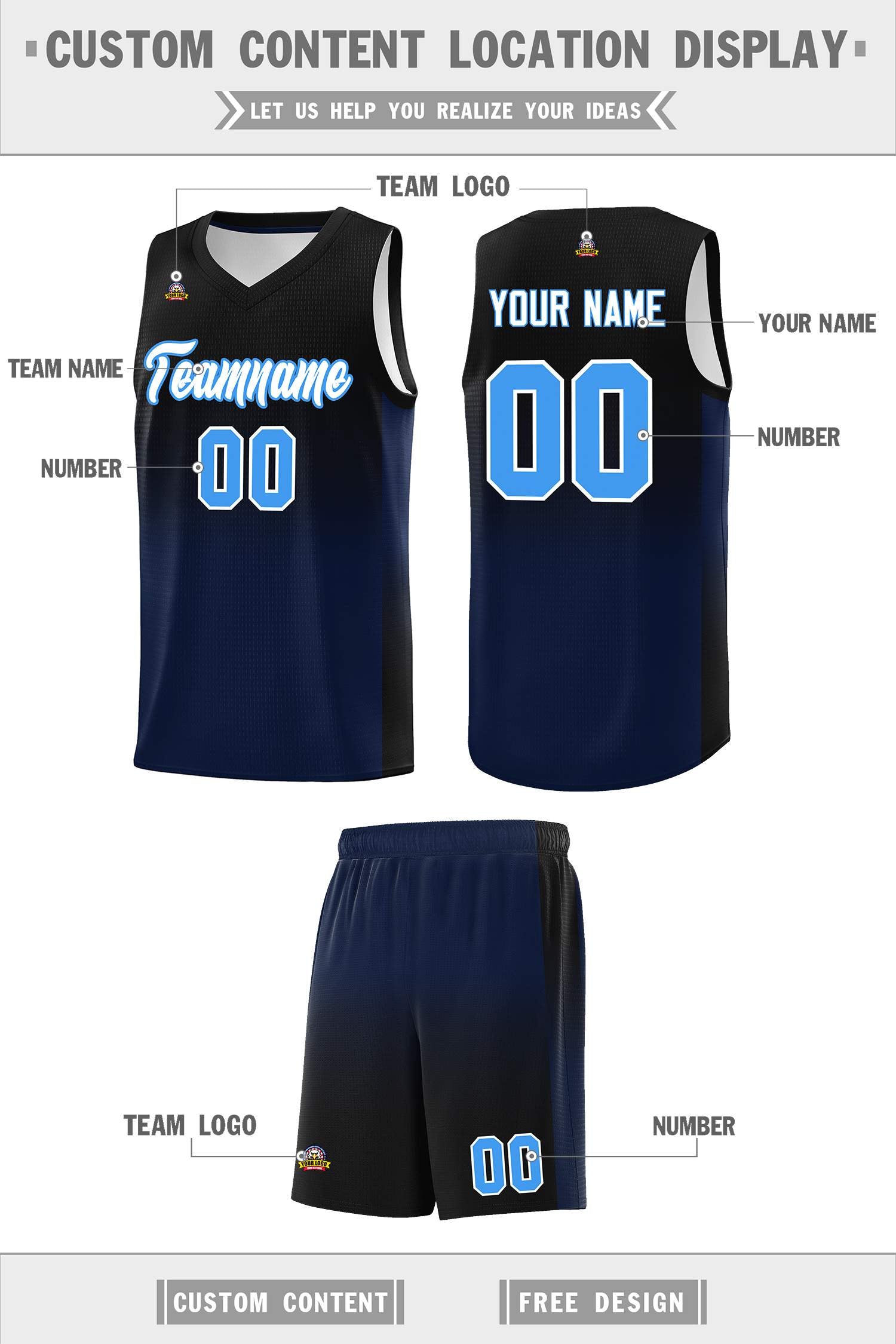 Custom Black Navy Gradient Fashion Sets Sports Uniform Basketball Jersey