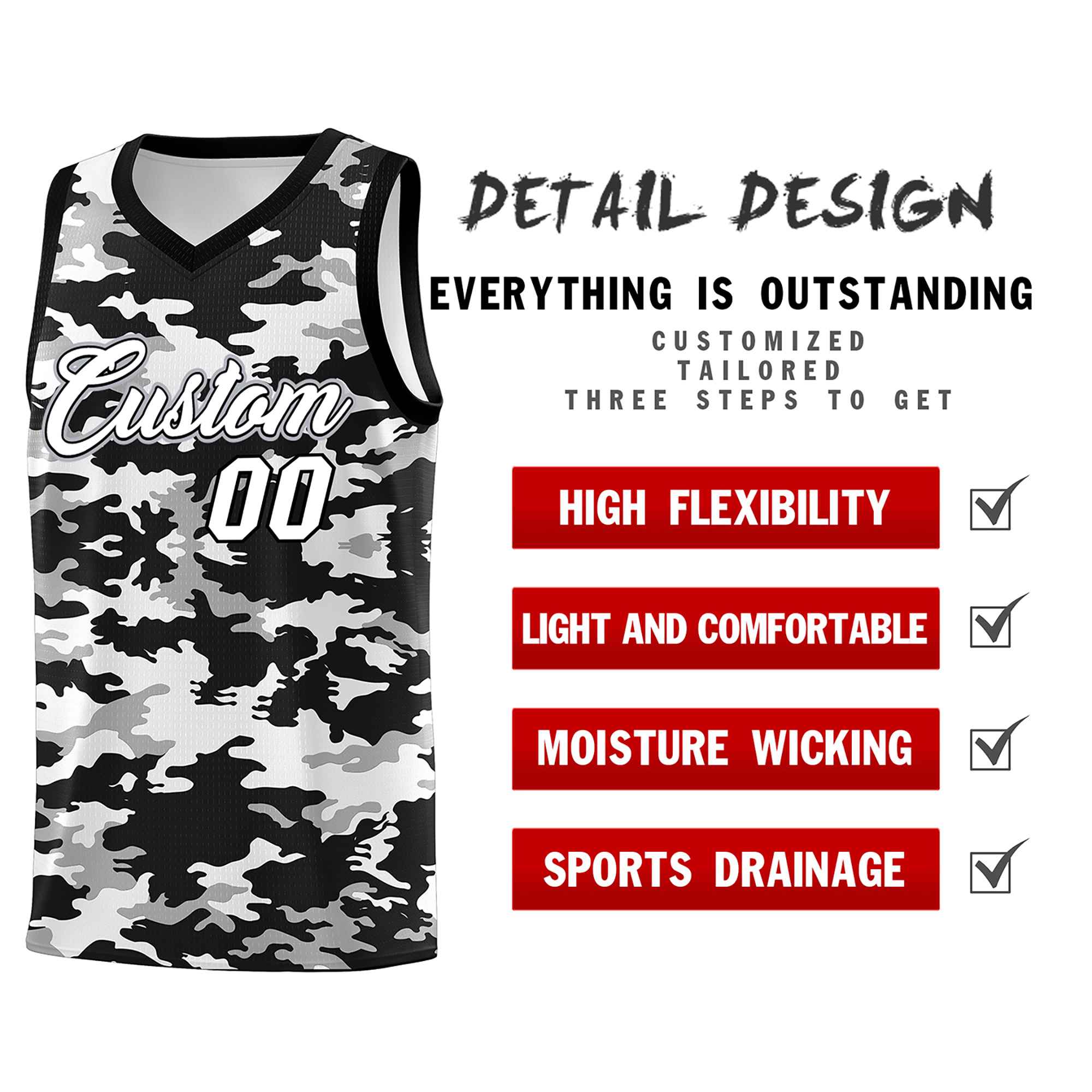 Custom Black Gray-White Personalized Camo Sets Sports Uniform Basketball Jersey