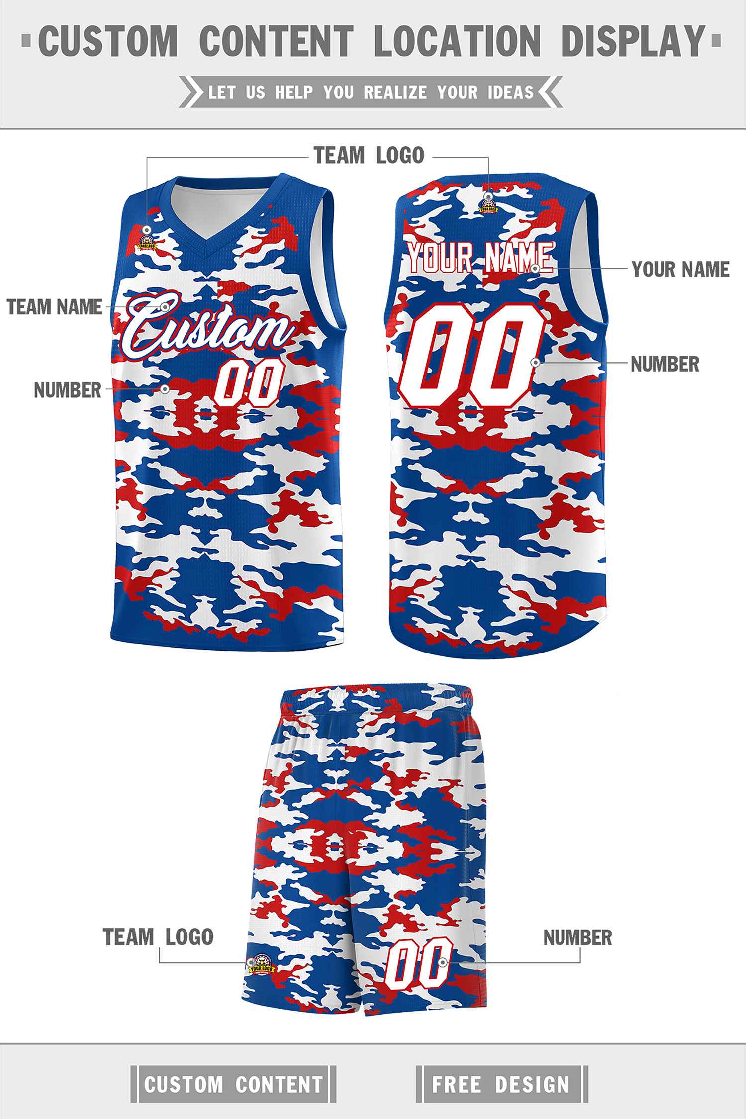 Custom Royal Red-White Personalized Camo Sets Sports Uniform Basketball Jersey