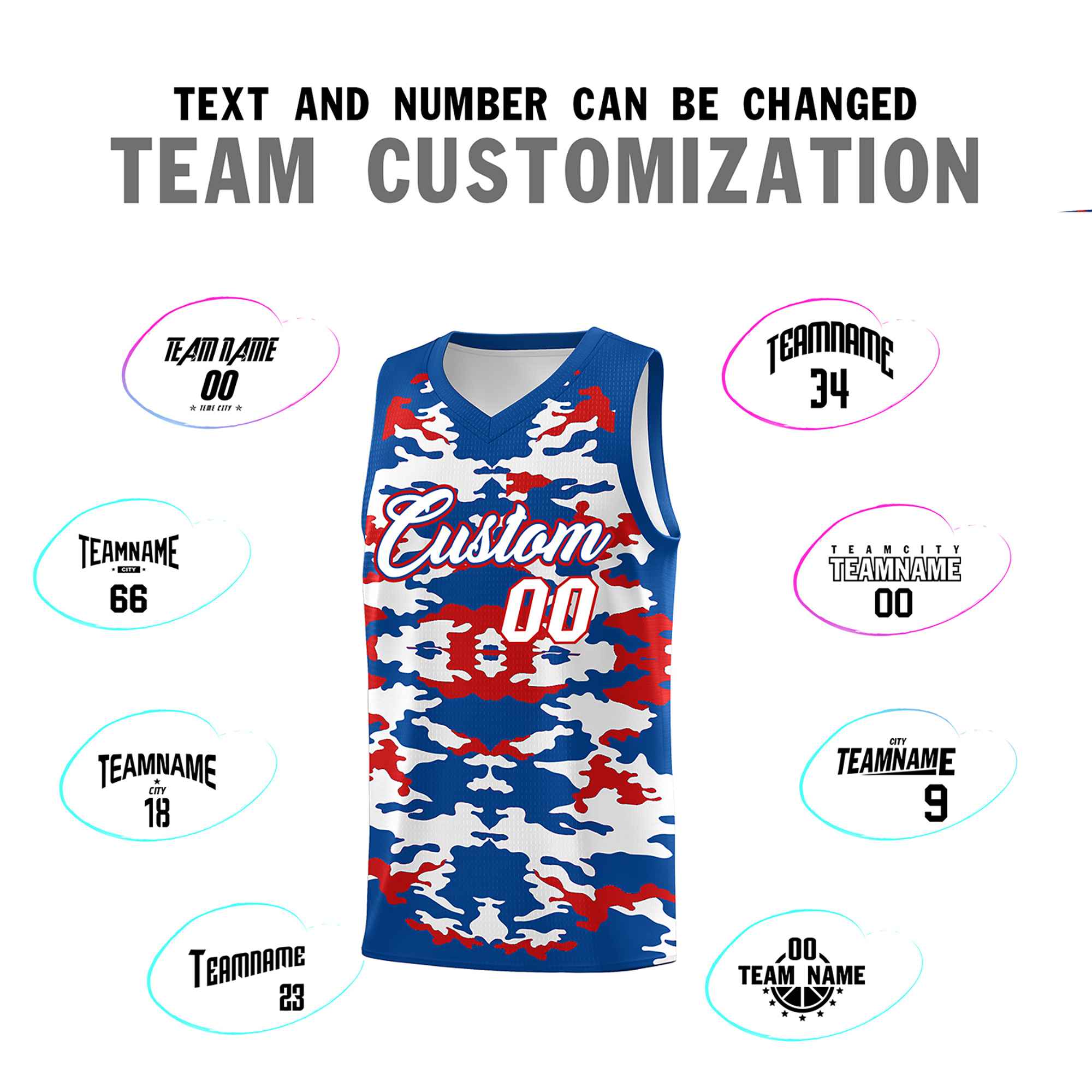 Custom Royal Red-White Personalized Camo Sets Sports Uniform Basketball Jersey