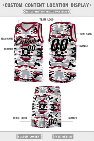 Custom Gray Crimson-Black-White Personalized Camo Sets Sports Uniform Basketball Jersey