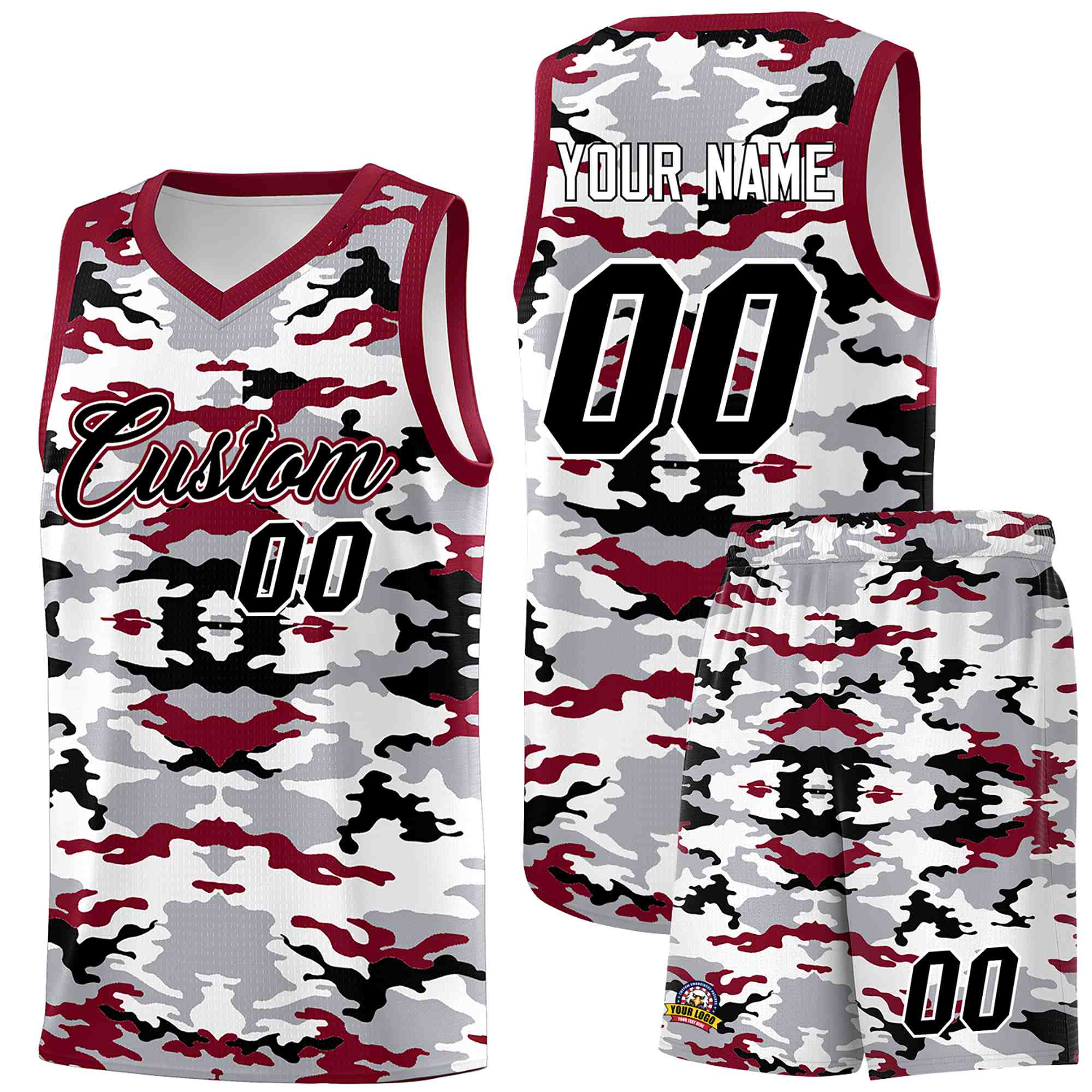 Custom Gray Crimson-Black-White Personalized Camo Sets Sports Uniform Basketball Jersey