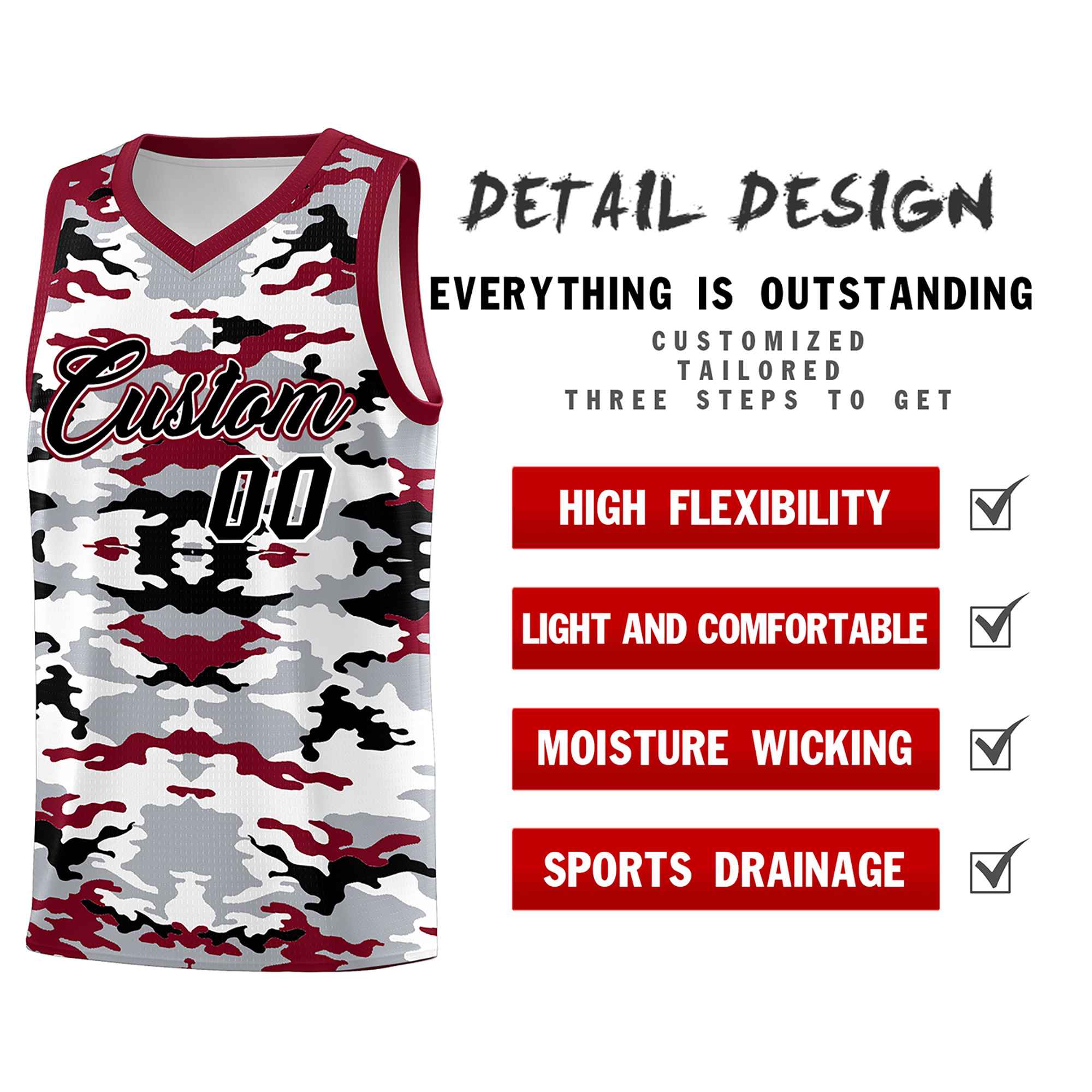 Custom Gray Crimson-Black-White Personalized Camo Sets Sports Uniform Basketball Jersey