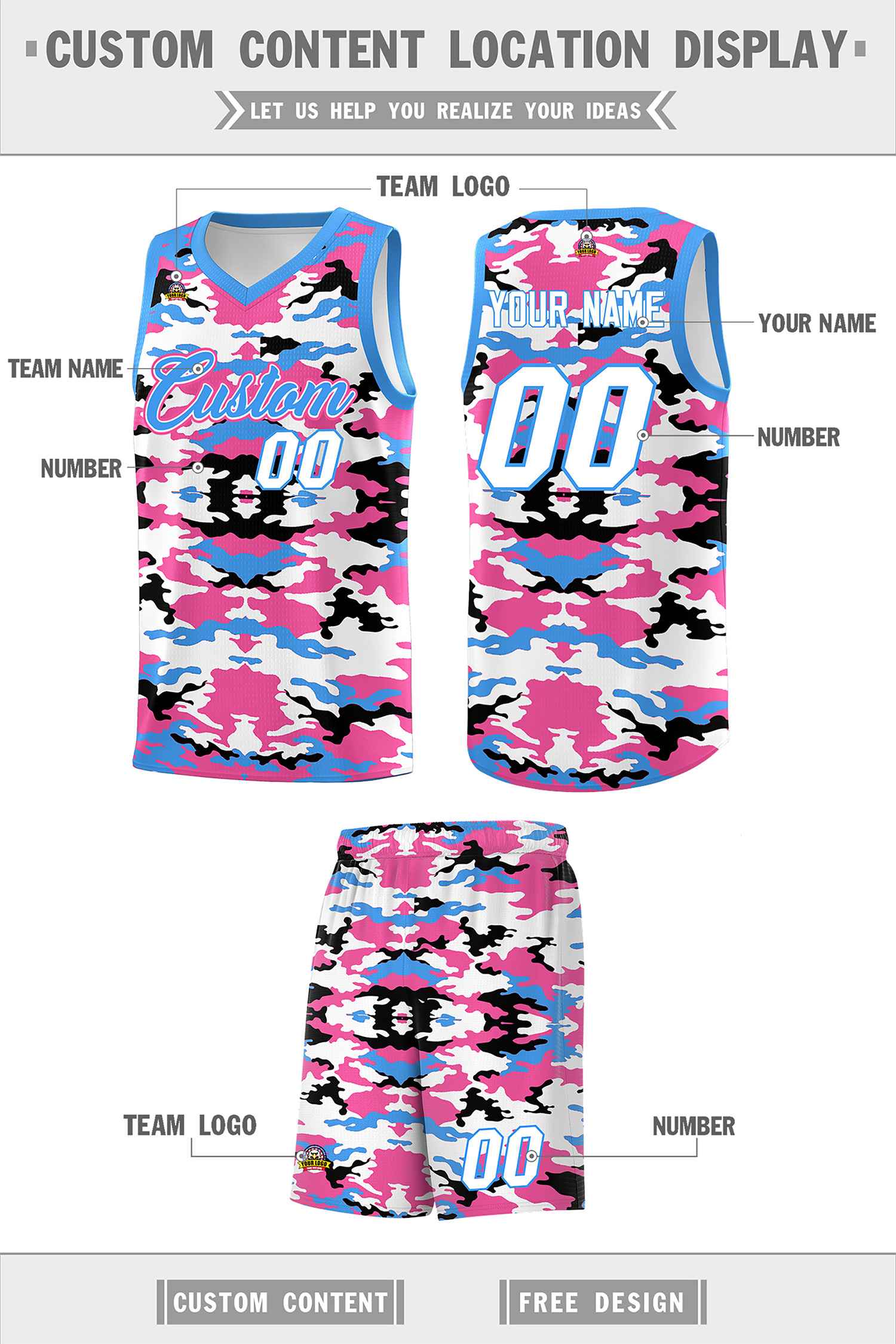 Custom Powder Blue Pink-Black-White Personalized Camo Sets Sports Uniform Basketball Jersey