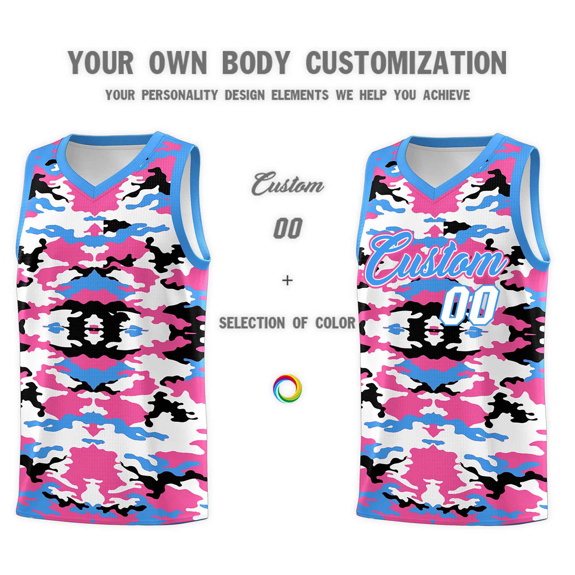 Custom Powder Blue Pink-Black-White Personalized Camo Sets Sports Uniform Basketball Jersey