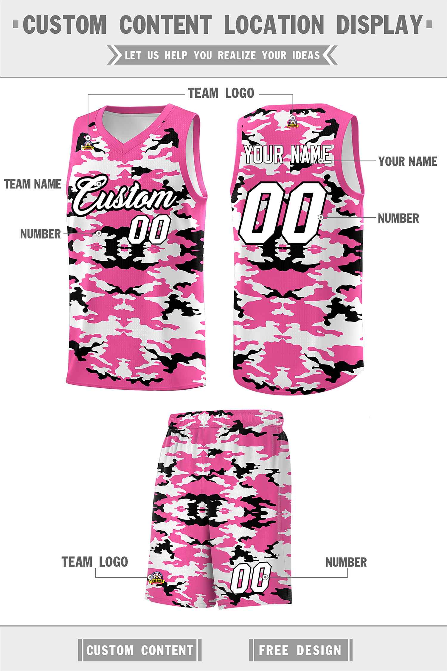 Custom Pink Black-White Personalized Camo Sets Sports Uniform Basketball Jersey