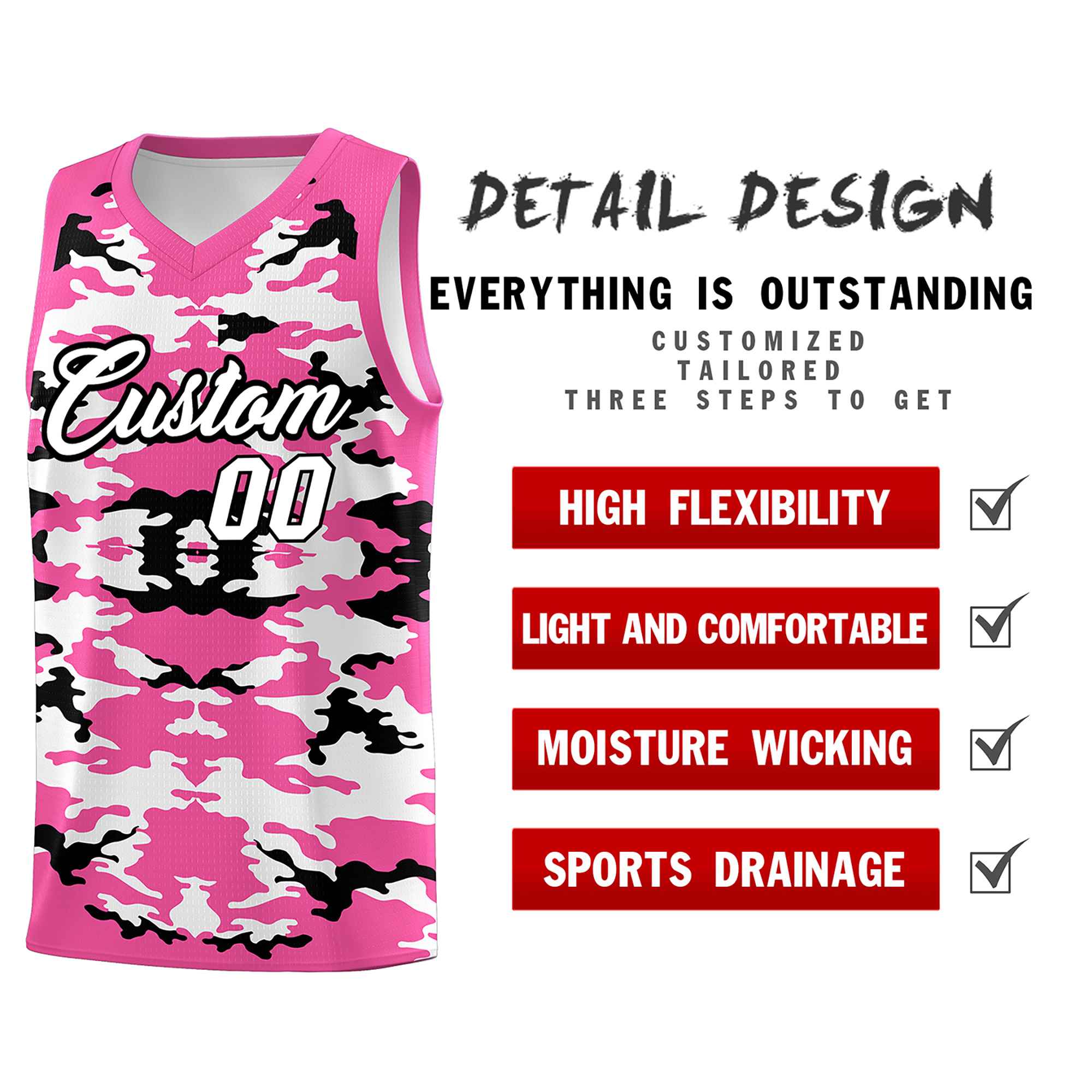 Custom Pink Black-White Personalized Camo Sets Sports Uniform Basketball Jersey