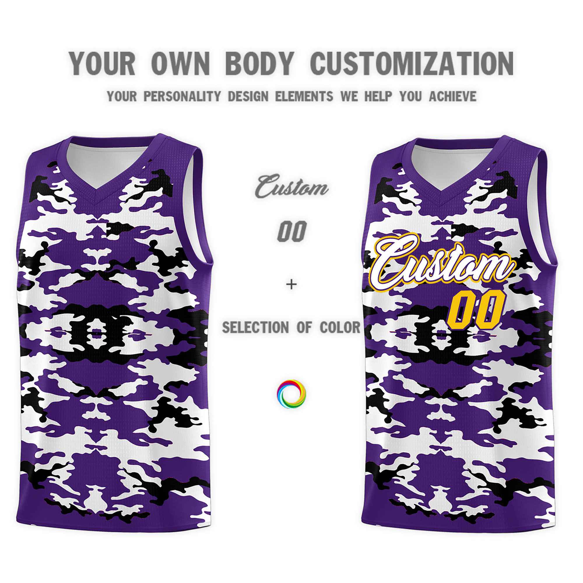 Custom Purple Black-White Personalized Camo Sets Sports Uniform Basketball Jersey