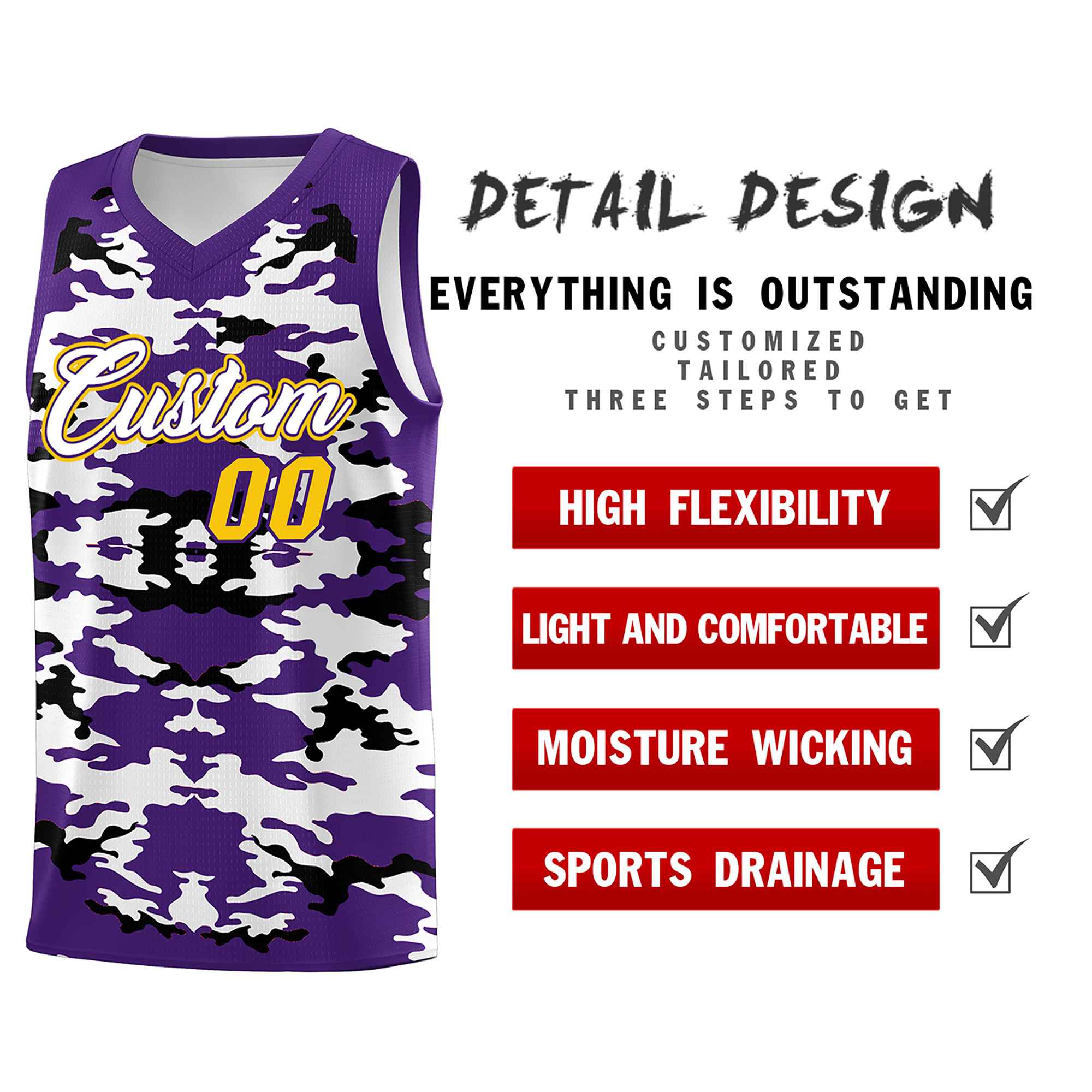 Custom Purple Black-White Personalized Camo Sets Sports Uniform Basketball Jersey