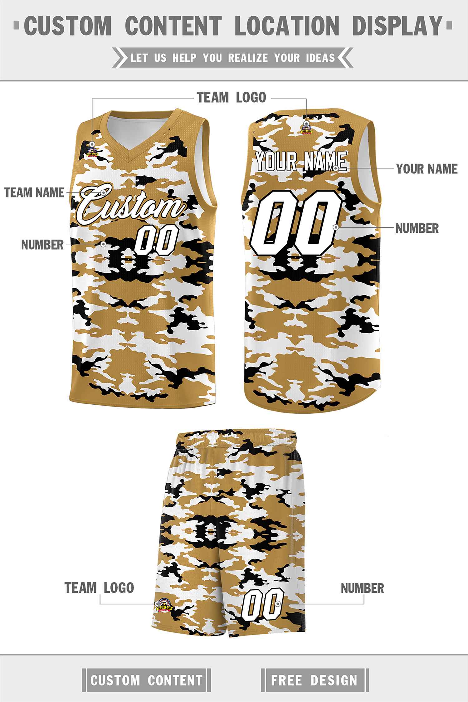 Custom Old Gold Black-White Personalized Camo Sets Sports Uniform Basketball Jersey