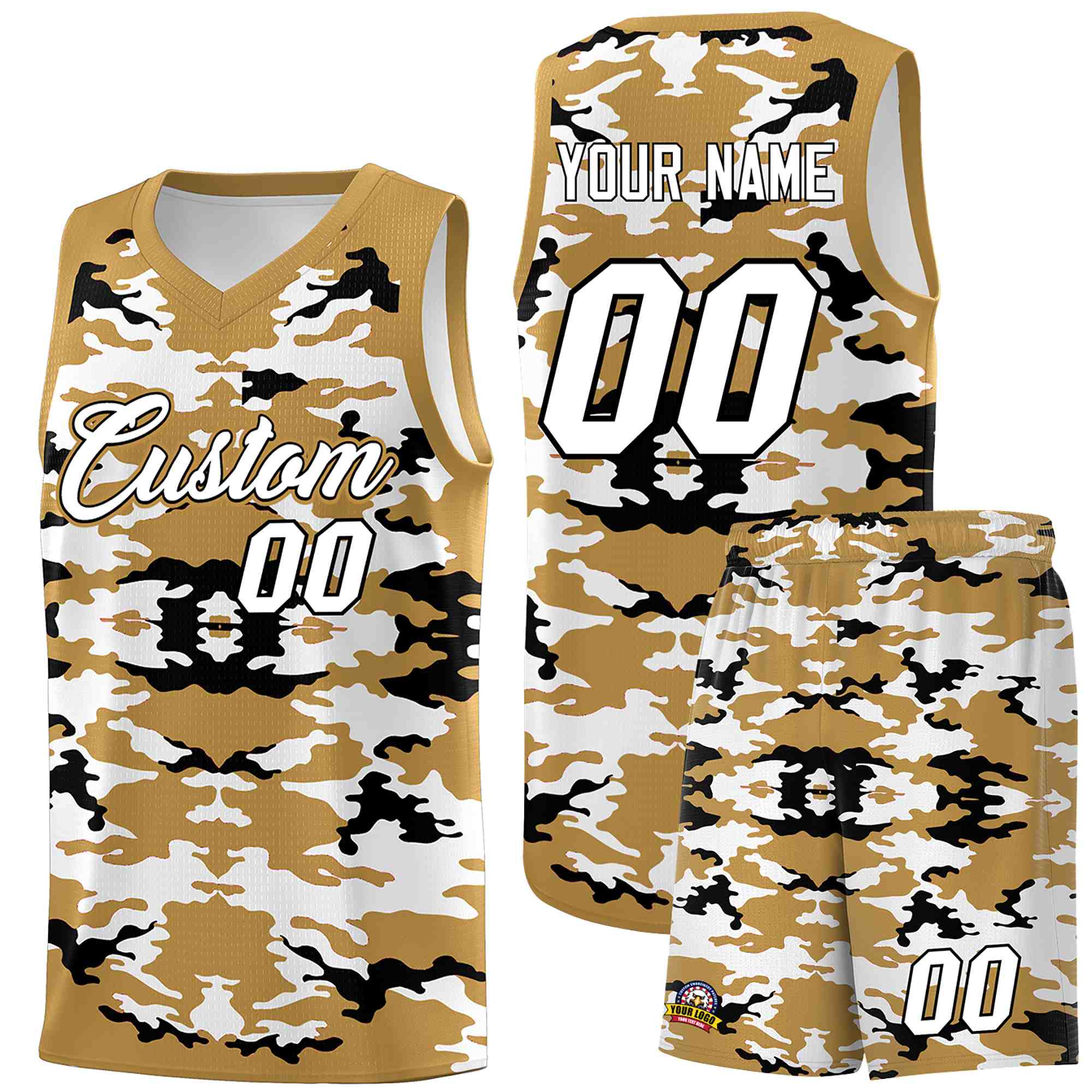 Custom Old Gold Black-White Personalized Camo Sets Sports Uniform Basketball Jersey