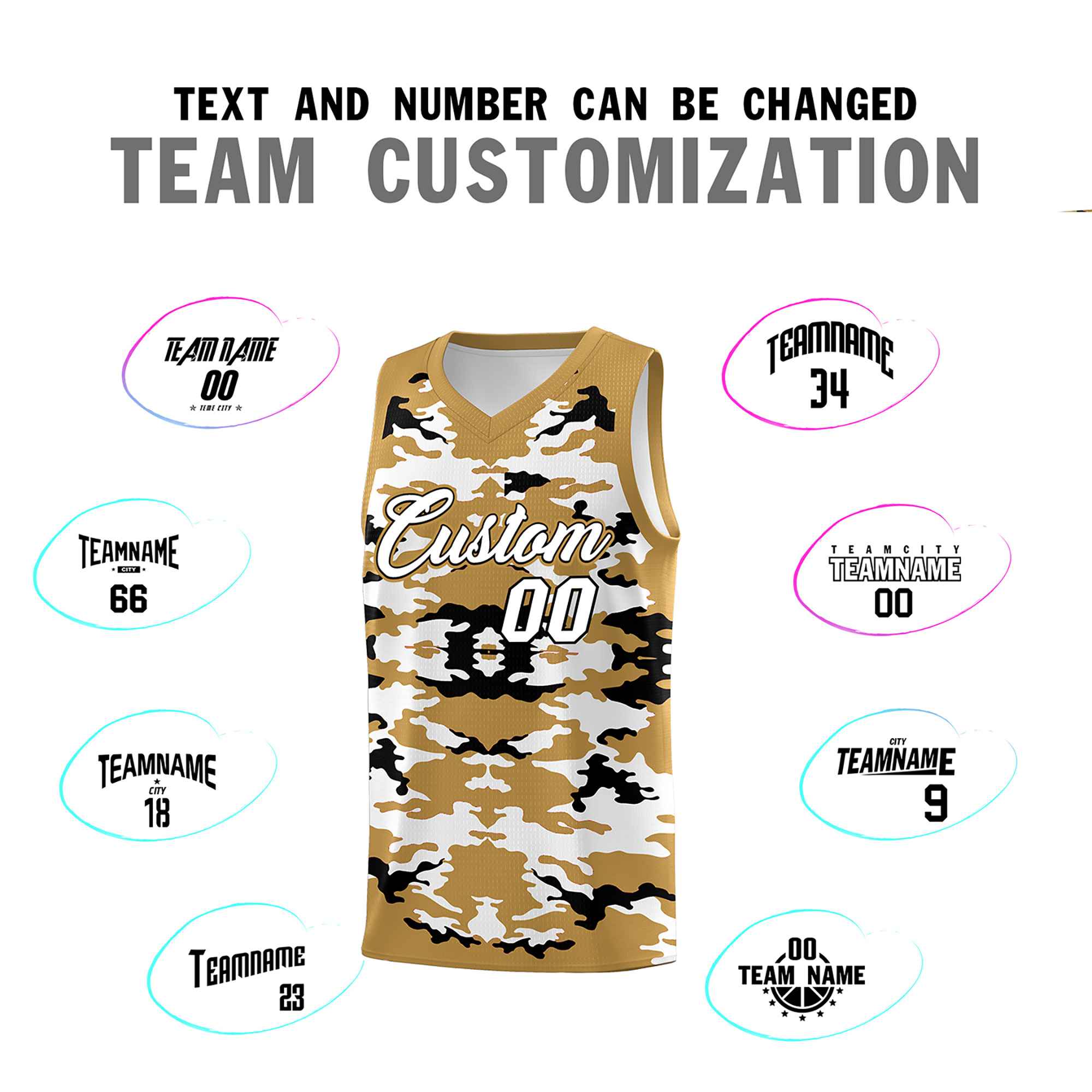 Custom Old Gold Black-White Personalized Camo Sets Sports Uniform Basketball Jersey