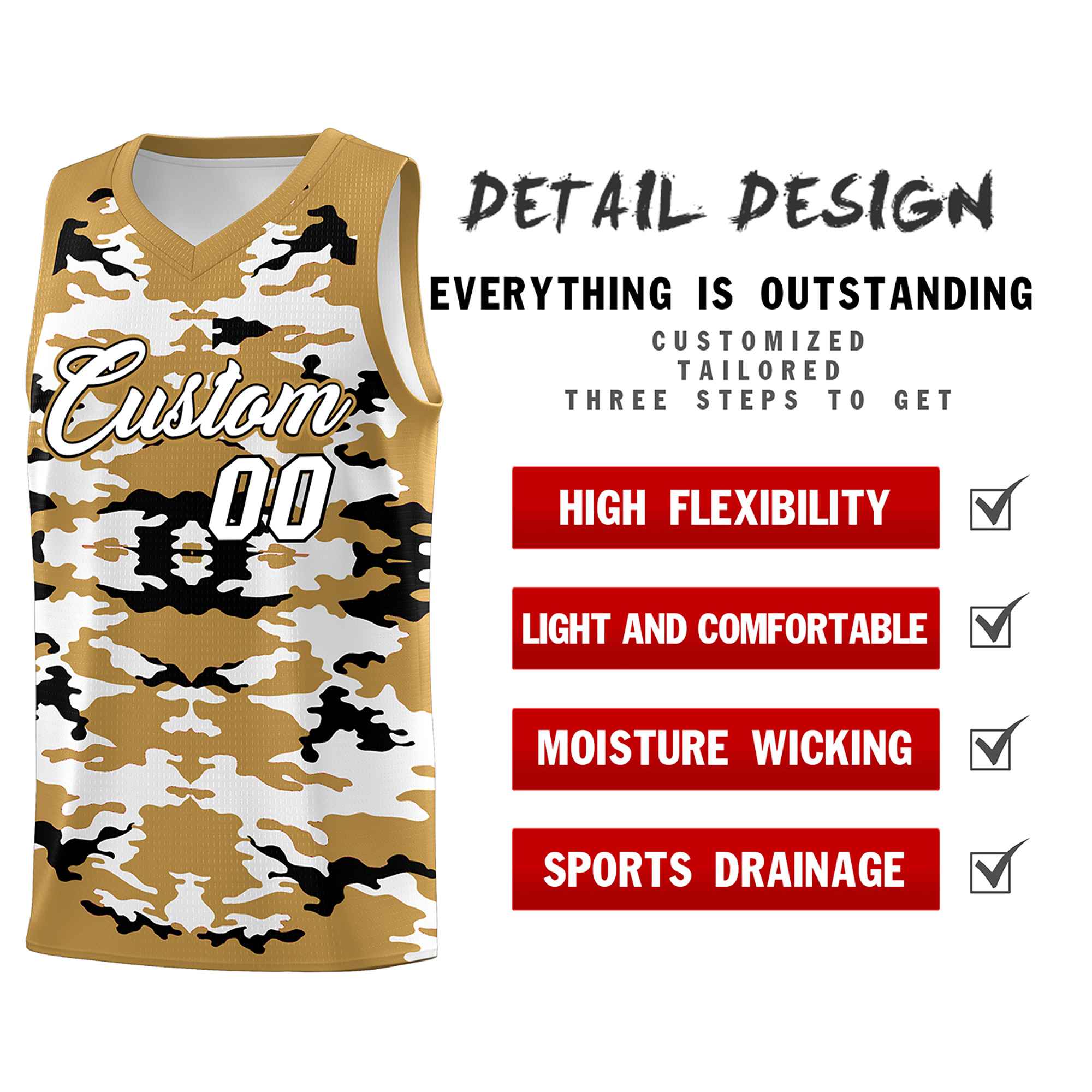 Custom Old Gold Black-White Personalized Camo Sets Sports Uniform Basketball Jersey