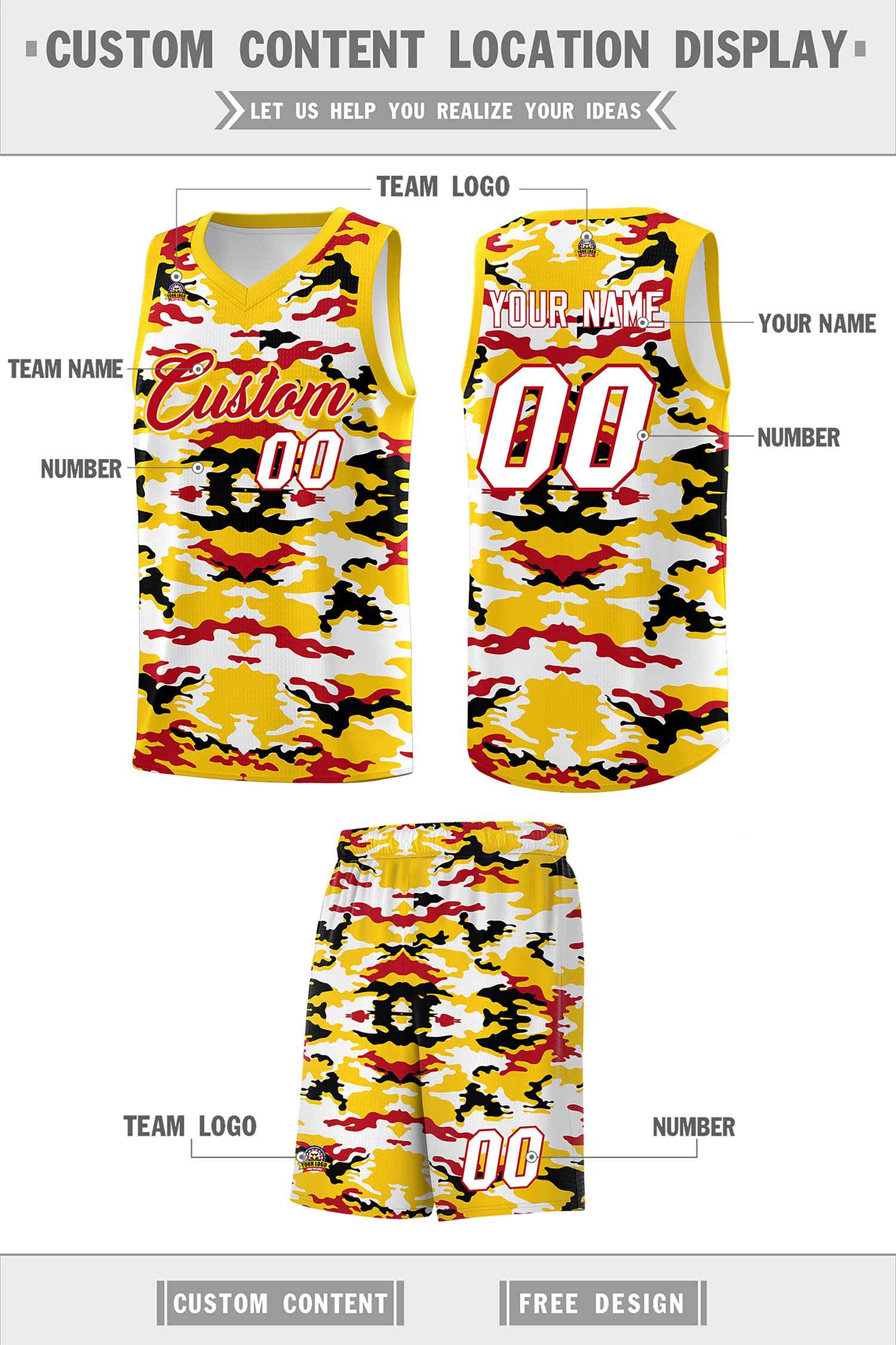 Custom Gold Red-Black-White Personalized Camo Sets Sports Uniform Basketball Jersey