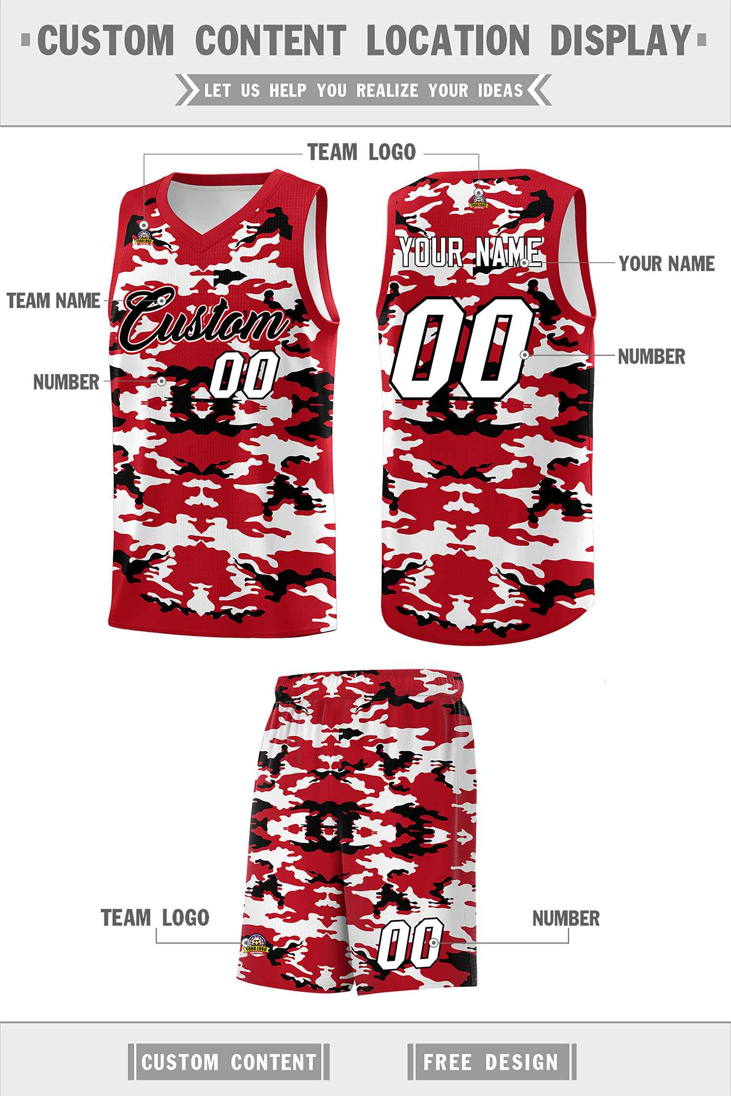 Custom Red Black-White Personalized Camo Sets Sports Uniform Basketball Jersey