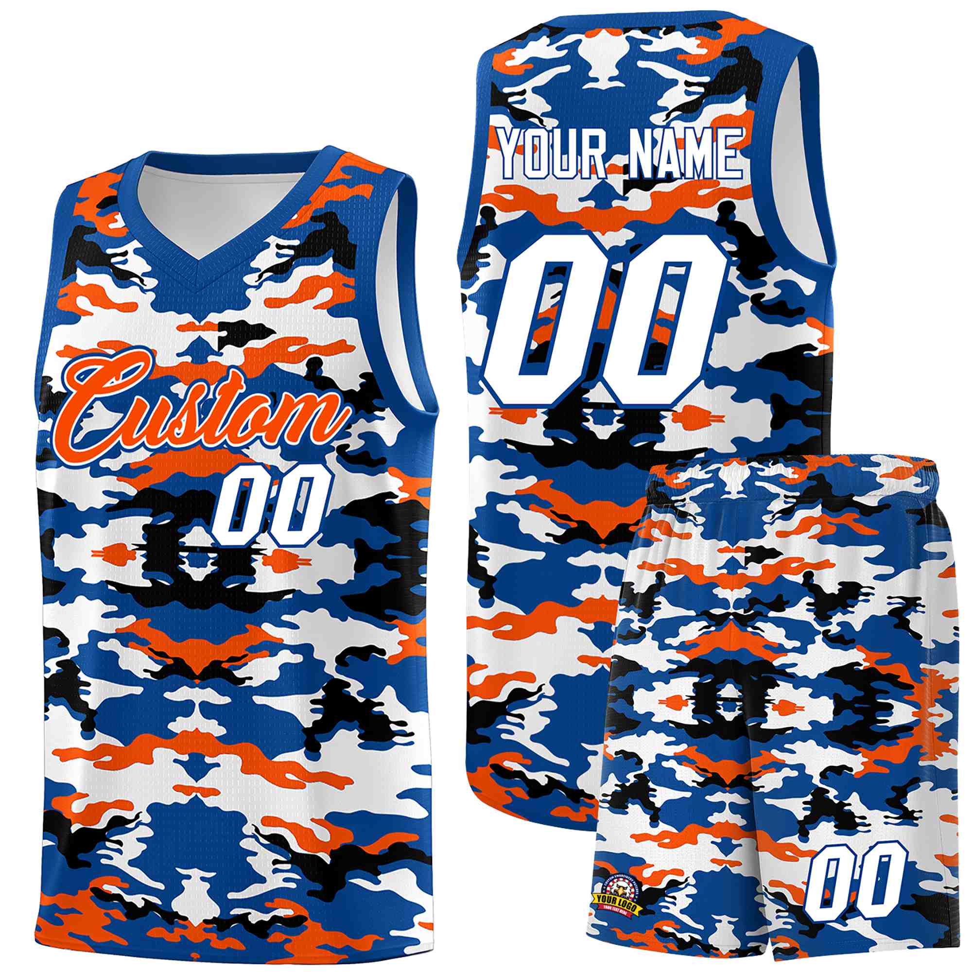 Custom Royal Orange-Black-White Personalized Camo Sets Sports Uniform Basketball Jersey