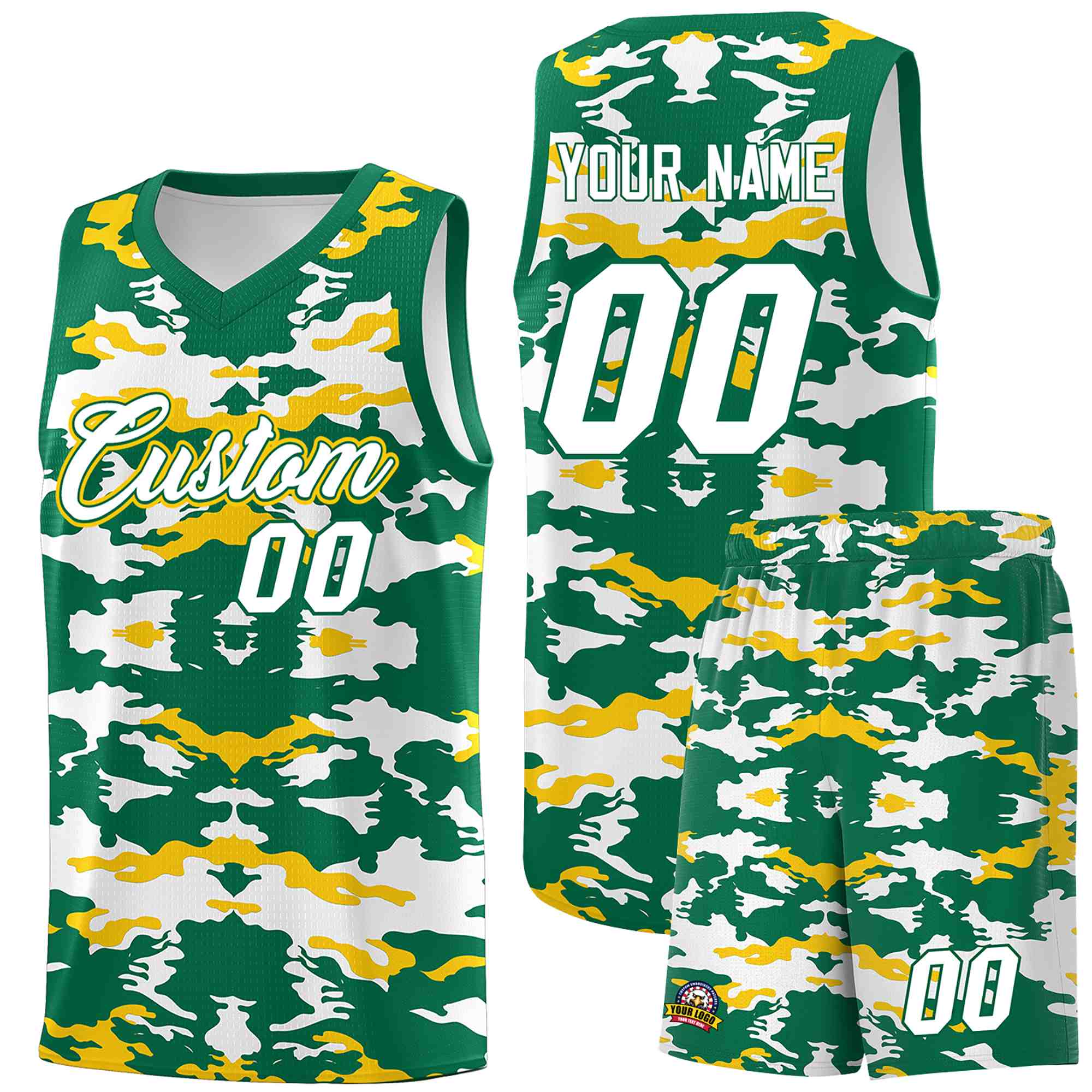 Custom Kelly Green Gold-White Personalized Camo Sets Sports Uniform Basketball Jersey