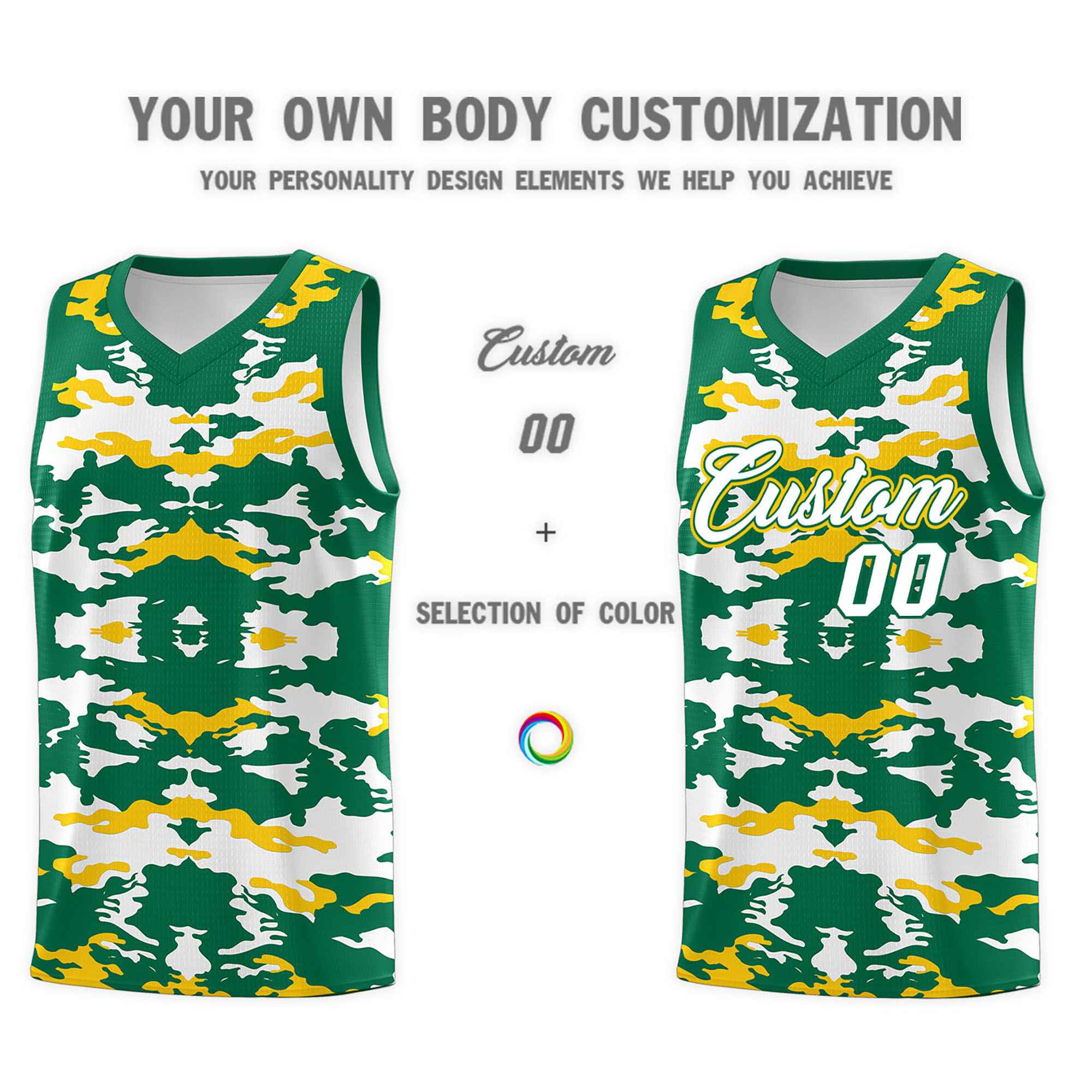 Custom Kelly Green Gold-White Personalized Camo Sets Sports Uniform Basketball Jersey