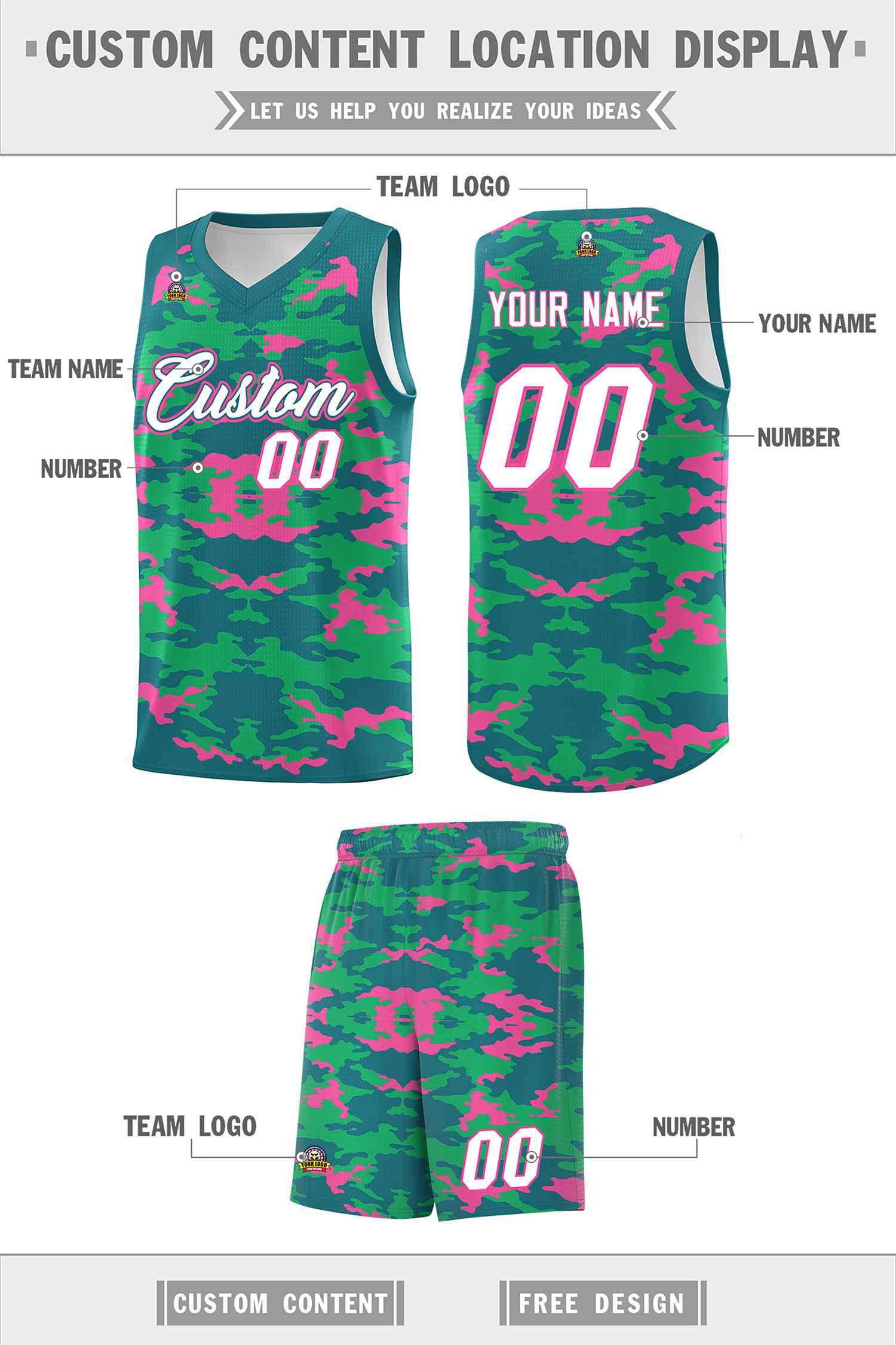 Custom Aqua Pink-Light Green Personalized Camo Sets Sports Uniform Basketball Jersey