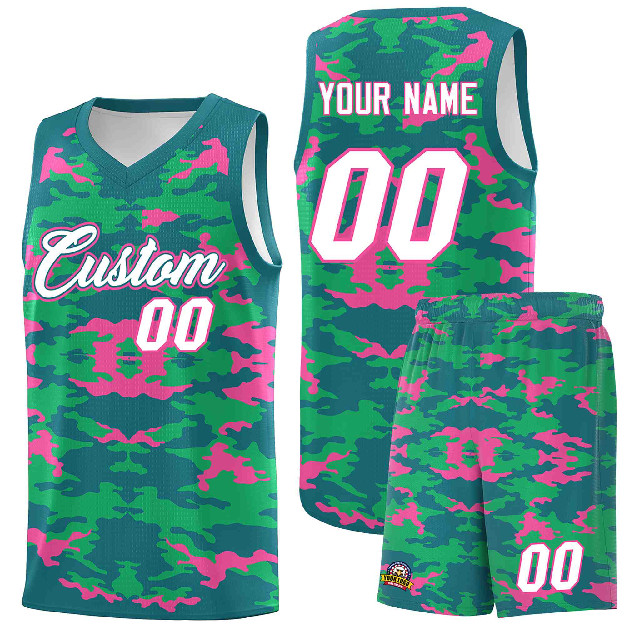 Custom Aqua Pink-Light Green Personalized Camo Sets Sports Uniform Basketball Jersey