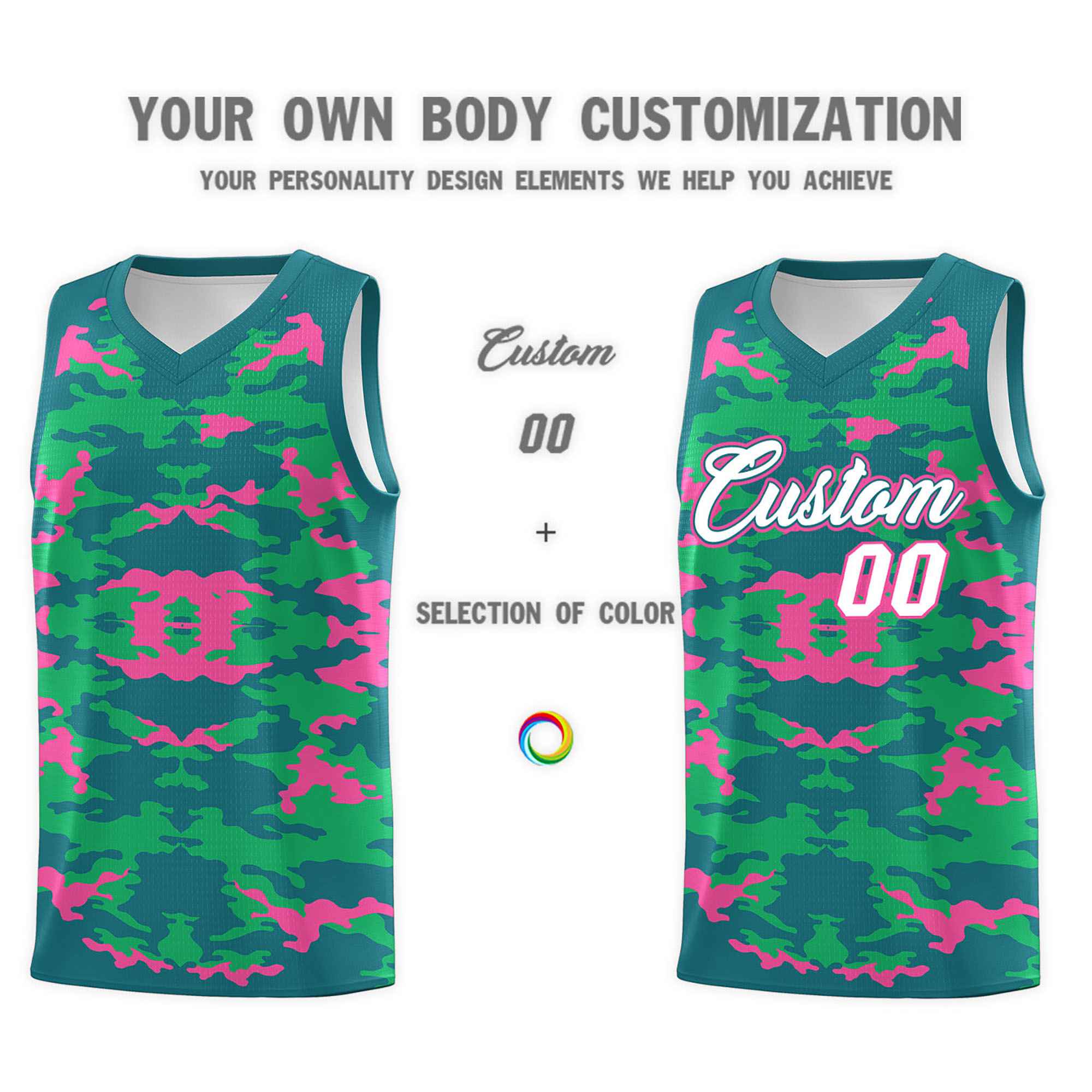 Custom Aqua Pink-Light Green Personalized Camo Sets Sports Uniform Basketball Jersey