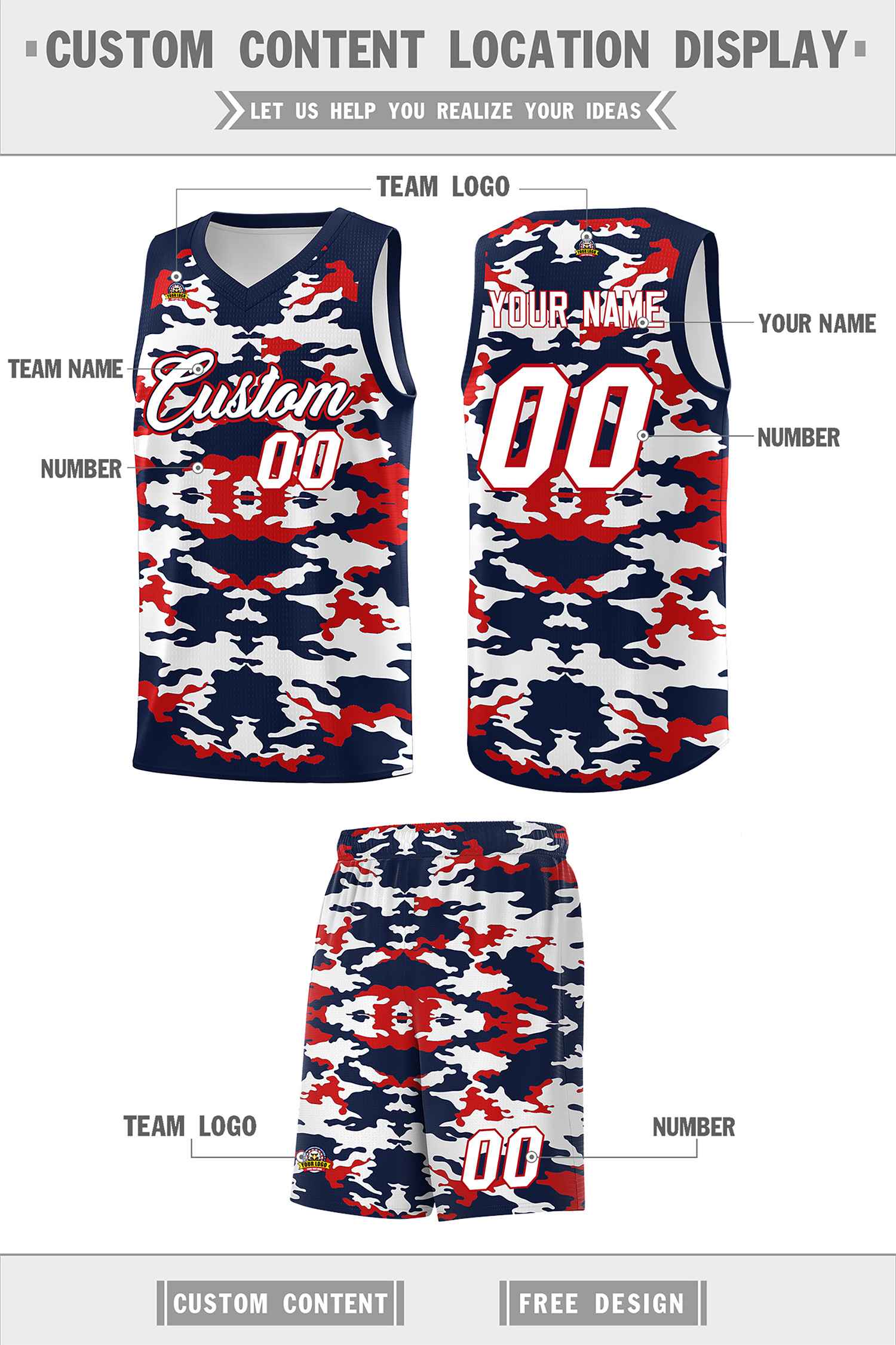 Custom Navy Red-White Personalized Camo Sets Sports Uniform Basketball Jersey